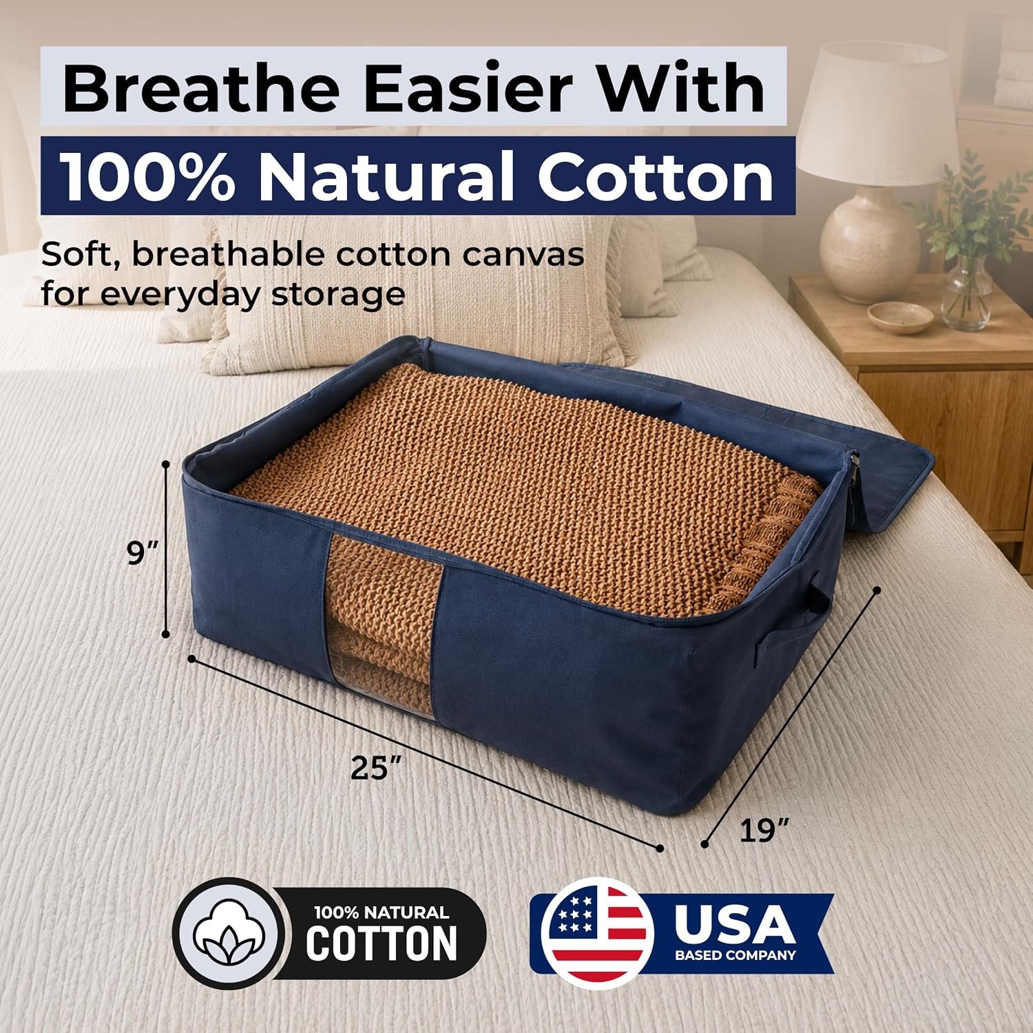 Soft Canvas Storage Bags with Zipper. Thick Breathable, 2pc King/Queen Comforter Organizer. Four Carrying Handles and Window. Large 25x19x9in Bag for Sheets Blankets Bedding Pillows, Clothes (Blue) image 2