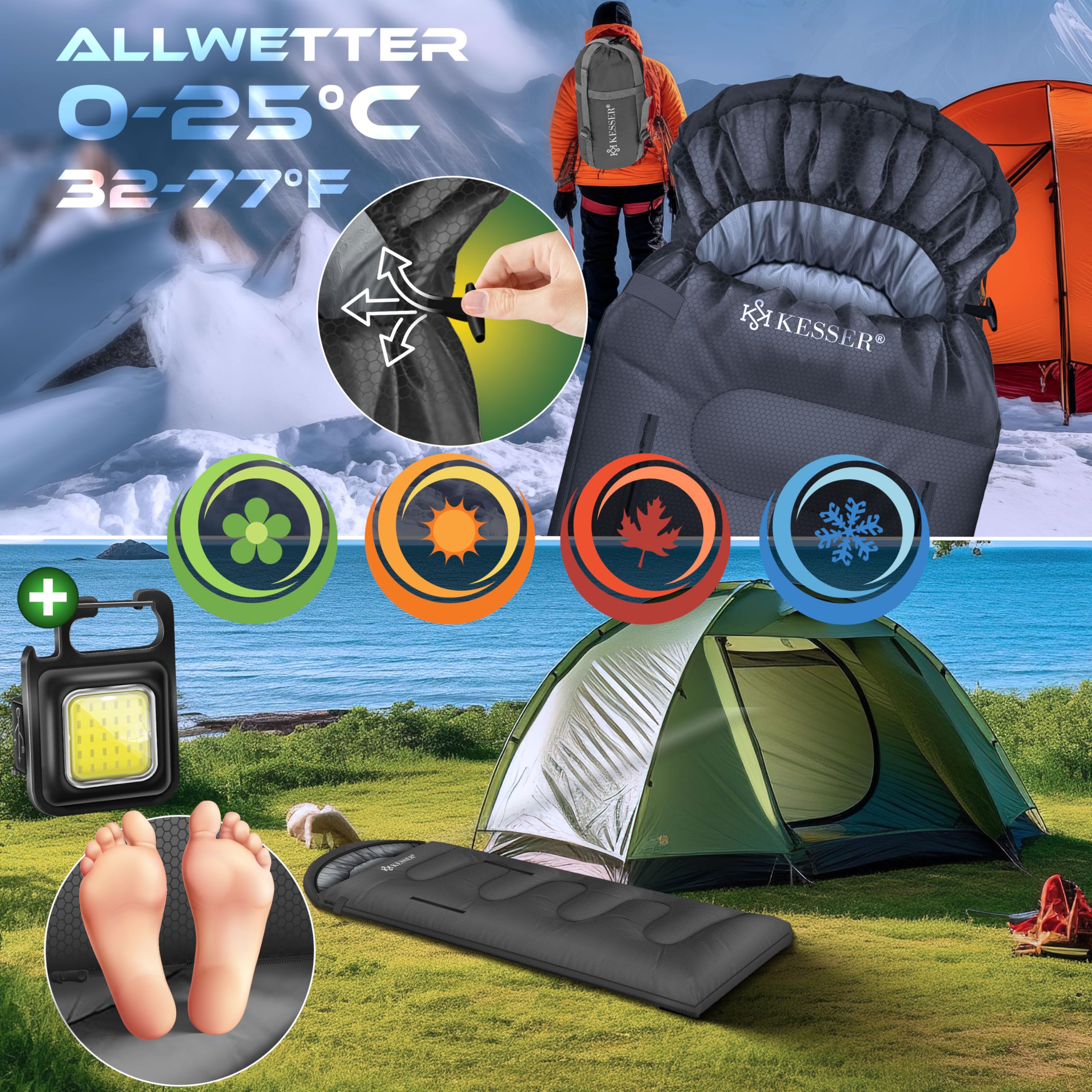 KESSER® Sac de couchage d'extérieur | Sac de couchage couverture 3-4 saisons | Sac de couchage de camping pour adultes et enfants | Léger et portable, chaud et imperméable avec lampe de camping et