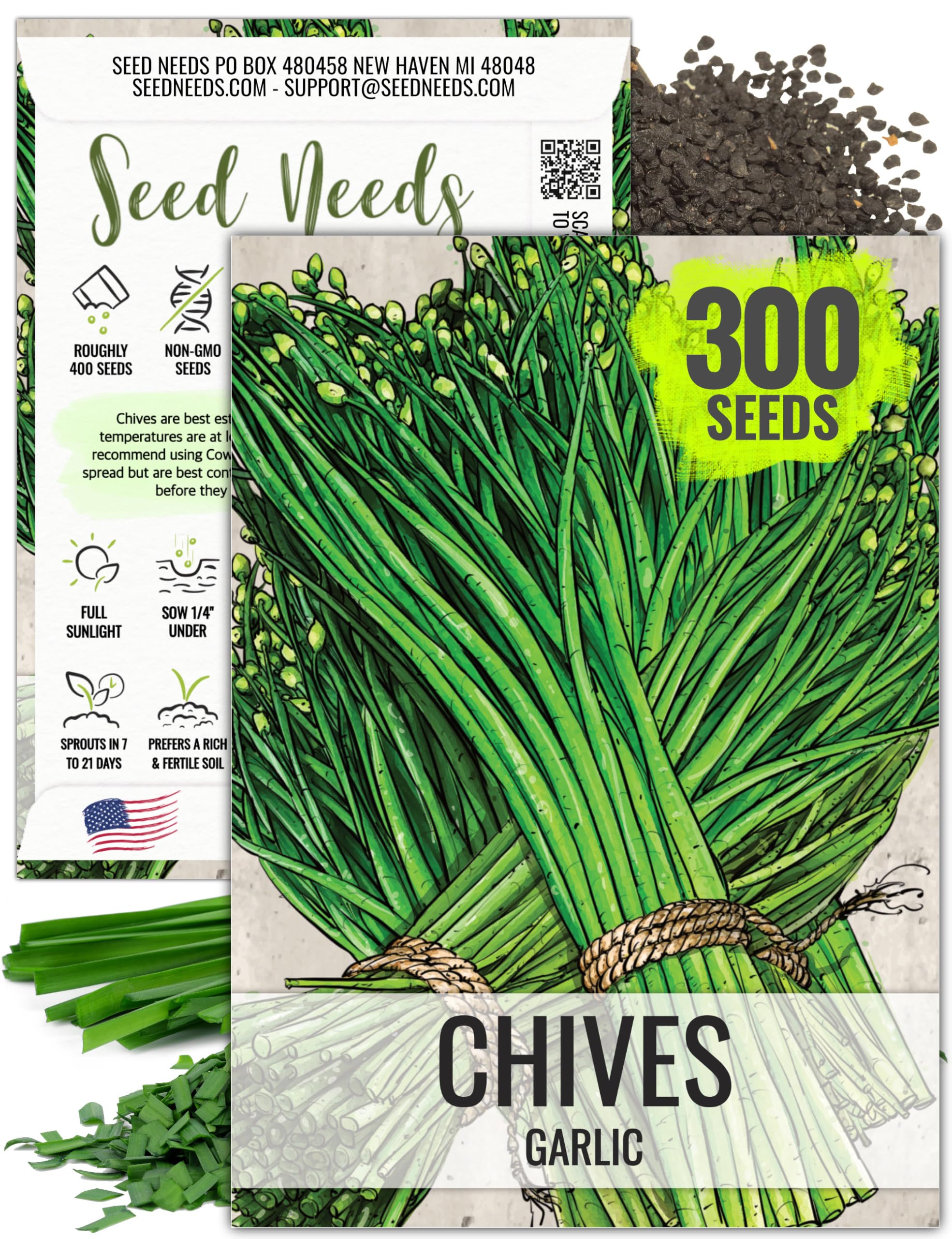 Seed Needs Chive Seeds for Planting Garlic Chives - Non-GMO Heirloom & Untreated Perennial Herbs to Grow an Indoor or Outdoor Home Herb Grown Garden (1 Pack)