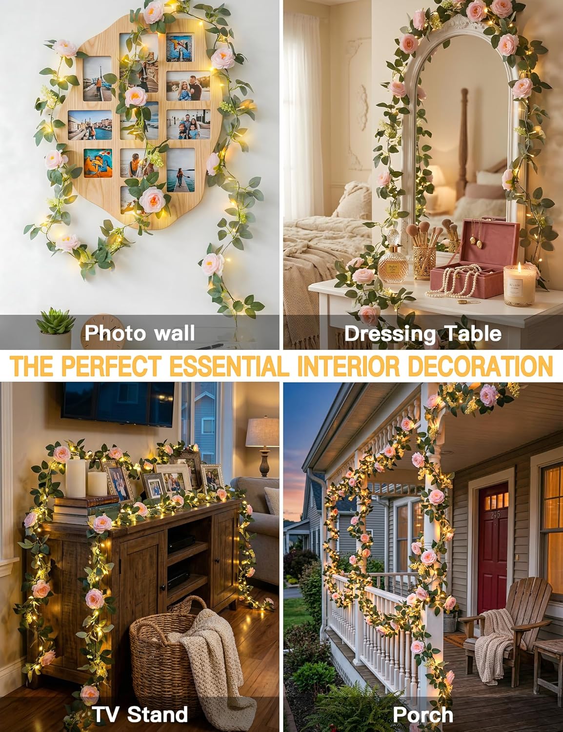 suddus Flower Garland with Pink Camellia Fairy Lights Indoor, 60 LED Vines String Lights Battery Operated with Remote, Artificial Fake Flowers Leaf Lights for Wedding,Bedroom,Centerpieces,Arch Decor