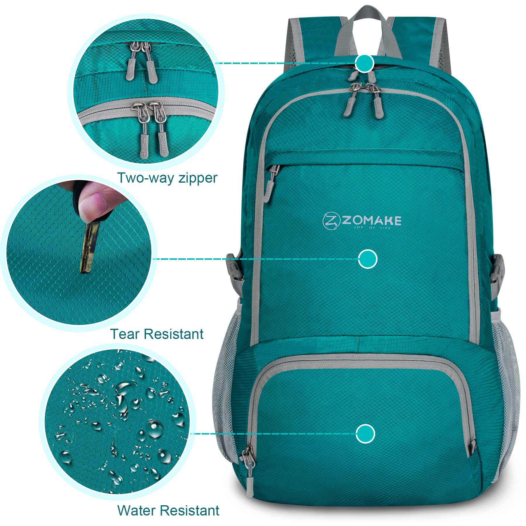 Mochila plegable ligera de 30 L, mochila de senderismo plegable resistente al agua, compacta mochila plegable para viajes (verde lago) 4