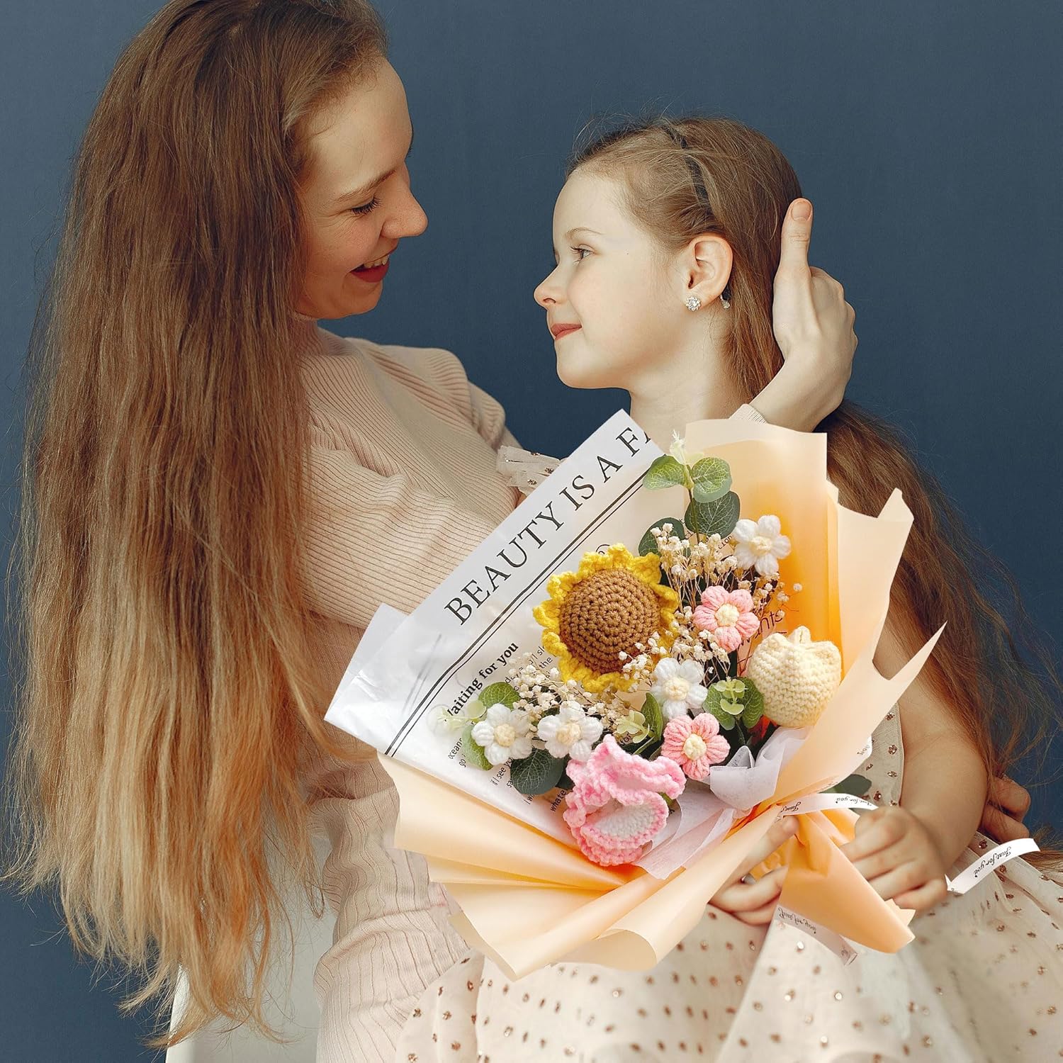 Completed Crochet Flowers Handmade Knitted Bouquet [ Sunflower Carnation Tulip Puff flower Fairy Light Gift Card Bag Kit ] for Mother Valentine Birthday Wedding Home Decor (White)