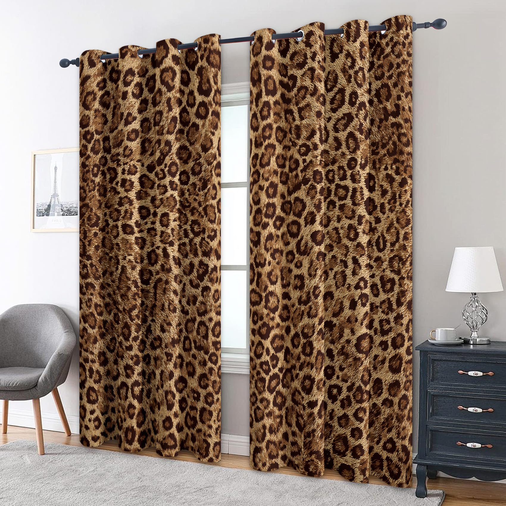 Leopardenmuster Vorhänge, Verdunklungsvorhänge mit Muster Cheetah Print, Vorhang Blickdicht mit Ösen, Gardinen für Wohnzimmer Schlafzimmer Deko 2er Set - 200x140 (H X B)