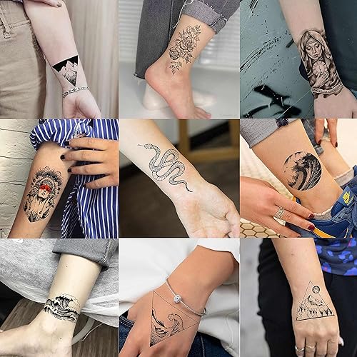 Miniatura 4 de Shegazzi 52 hojas de tatuajes temporales de calavera negra para hombres y mujeres tatuajes de cuello de brazo flores de rosas pequeñas realistas en