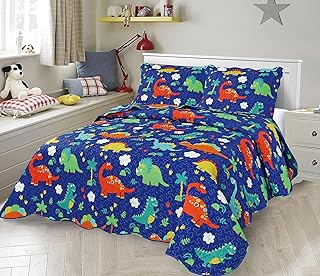 LinenTopia 2 Piece Twin-Size Kids Boys Teens Bedspread Coverlet Quilt Set with Sham, Dinosaur Print Blue Green Boys Kids Bedding Set, Twin, Bedspread, Dinosaur