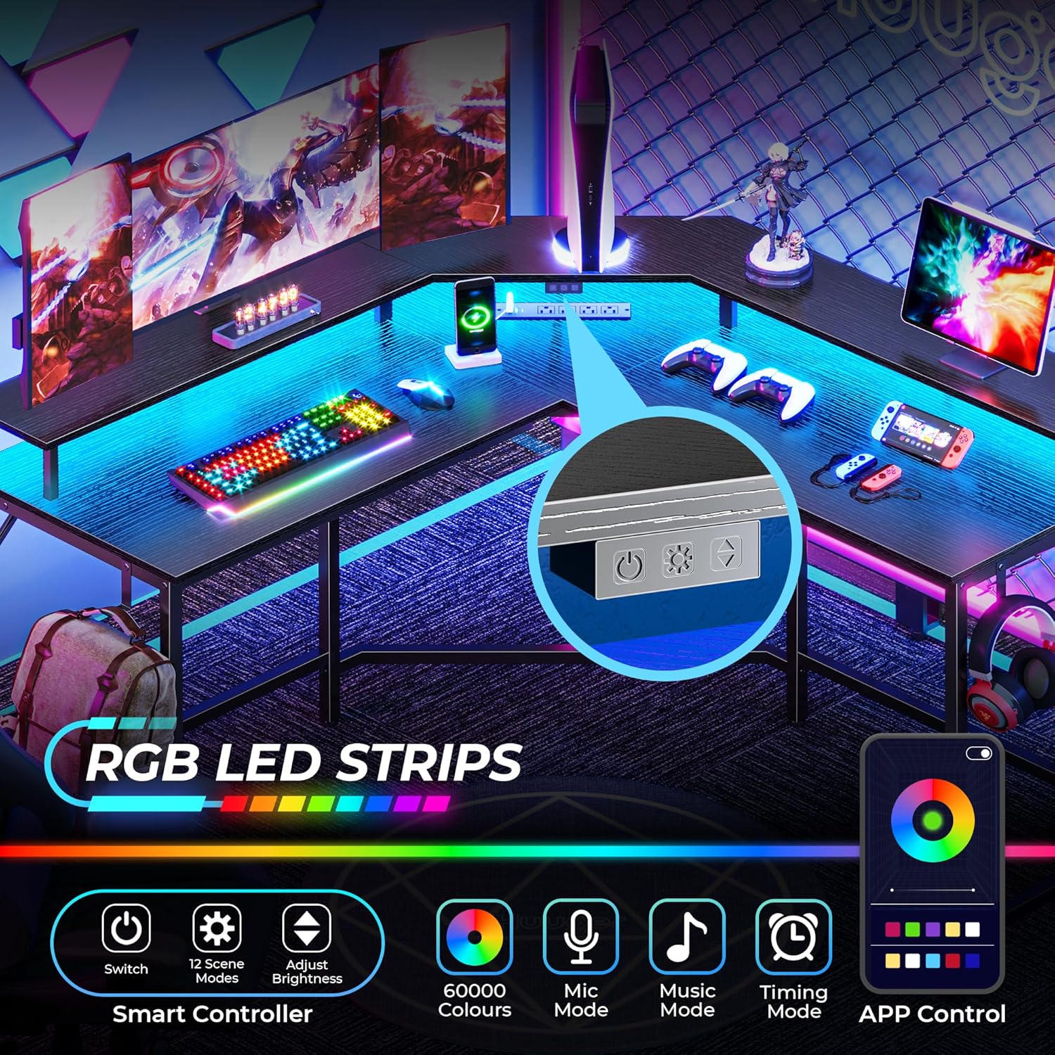 Close-up of RGB LED strips and smart controller with app control icons