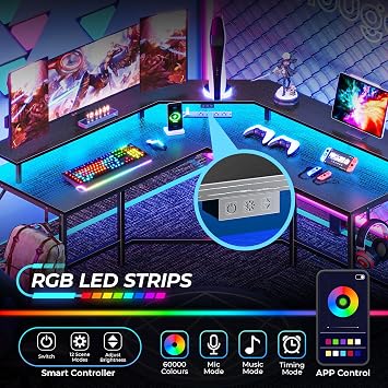 Huuger L Shaped Gaming Desk with Power Outlets & LED Lights, Computer Desk with Monitor Shelves, Home Office Desk, Corner Gaming Desk with Hooks, Black