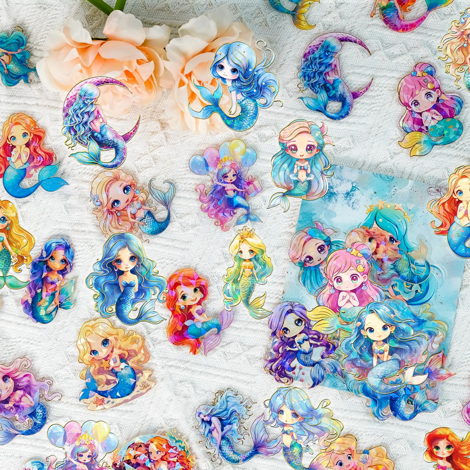 30PCS Fantasy Holographic Mermaid Sticker Pack – Cute Cartoon Ocean Cryptid Creatures with Gold Foil Accents for Scrapbooking, Journals, Girls Crafts,