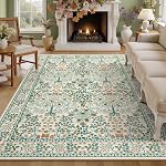 5x7 Area Rugs Living Room Rug - Floral Vintage Morris-Inspired Washable Carpet, Low Pile Non-Shedding Stain Resistance Boho Soft Carpet for Bedroom, Dining Room, Office, Farmhouse (5'x7' Dark Green)