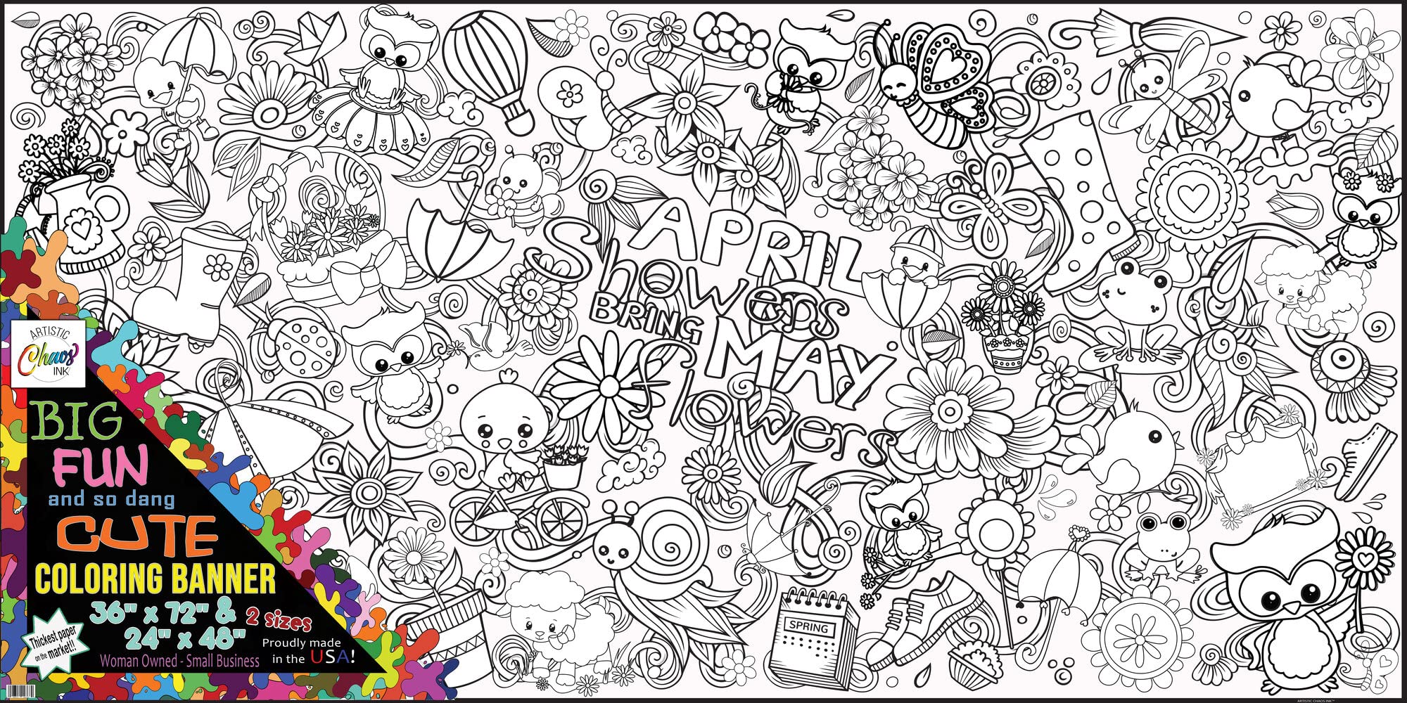 Artistic Chaos Ink Spring Time coloring paper table cloth 2 sizes Made in USA wall art jumbo coloring poster for classroom coloring tablecloth for kids usa coloring table runner (36" x 72")