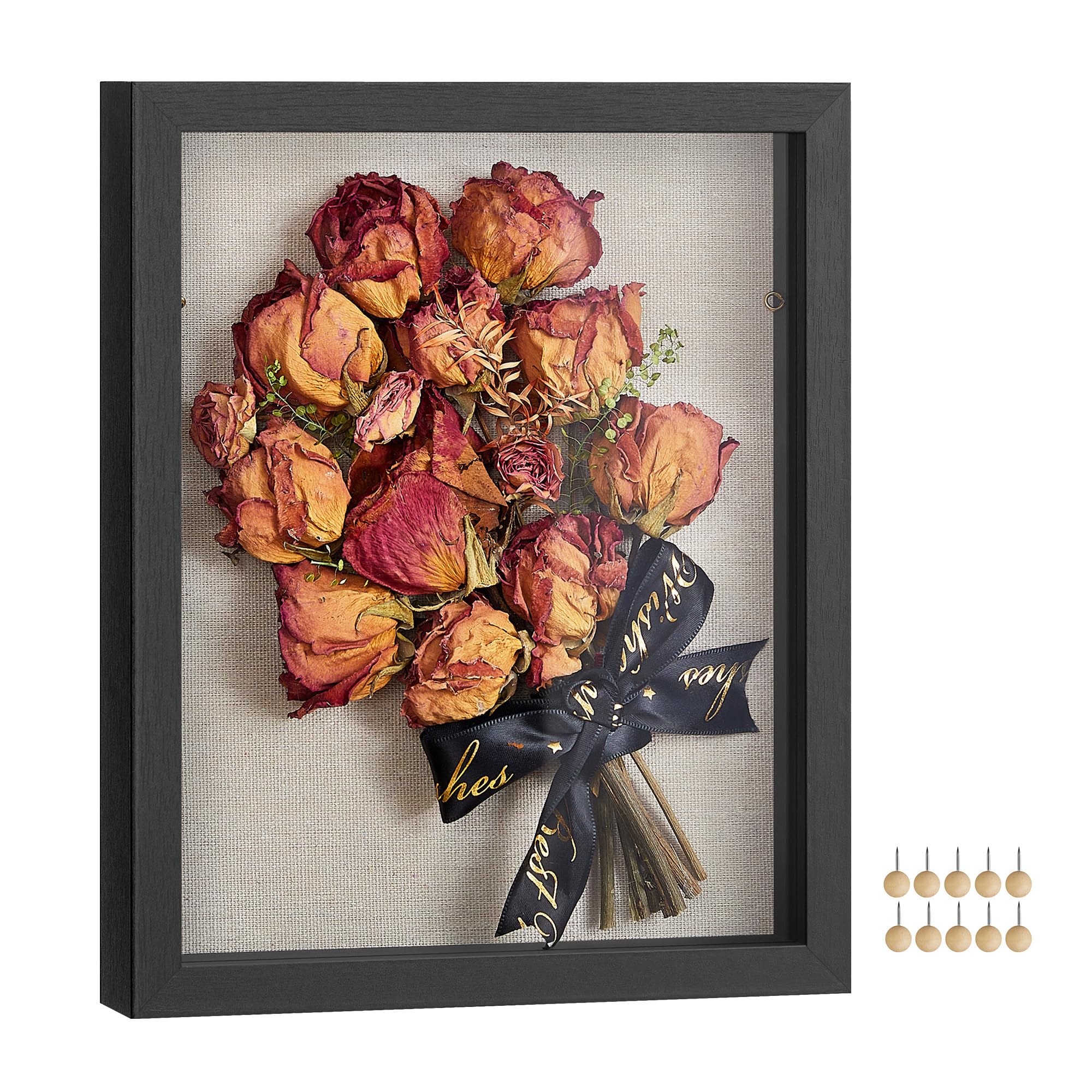 SONGMICS 3D Bilderrahmen zum Befüllen, Fotorahmen mit Schnur, Klammern, Stecknadeln, DIY, Schaumstoffplatte mit Leinenoberfläche, Glas, MDF, 22,5 x 4 x 27,5 cm, Geschenkidee, schwarz RPF007B02