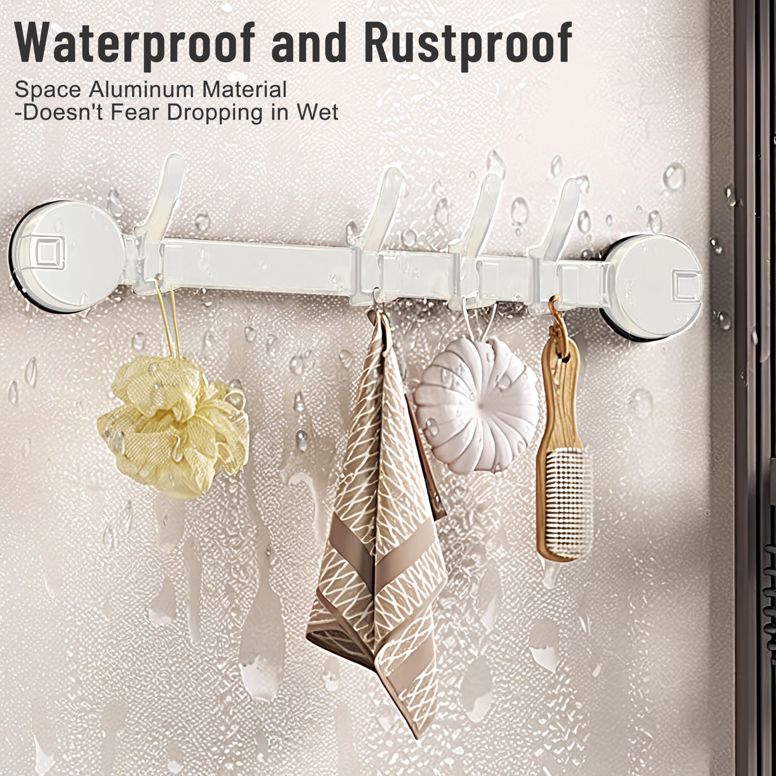 KYIAANY 4-hooks suction shower rack: space aluminum heavy duty vacuum cup adhesive holder storage hanger inside bathroom for hanging towel clothes robe loofah- Easy Install on Glass door Tiles wall