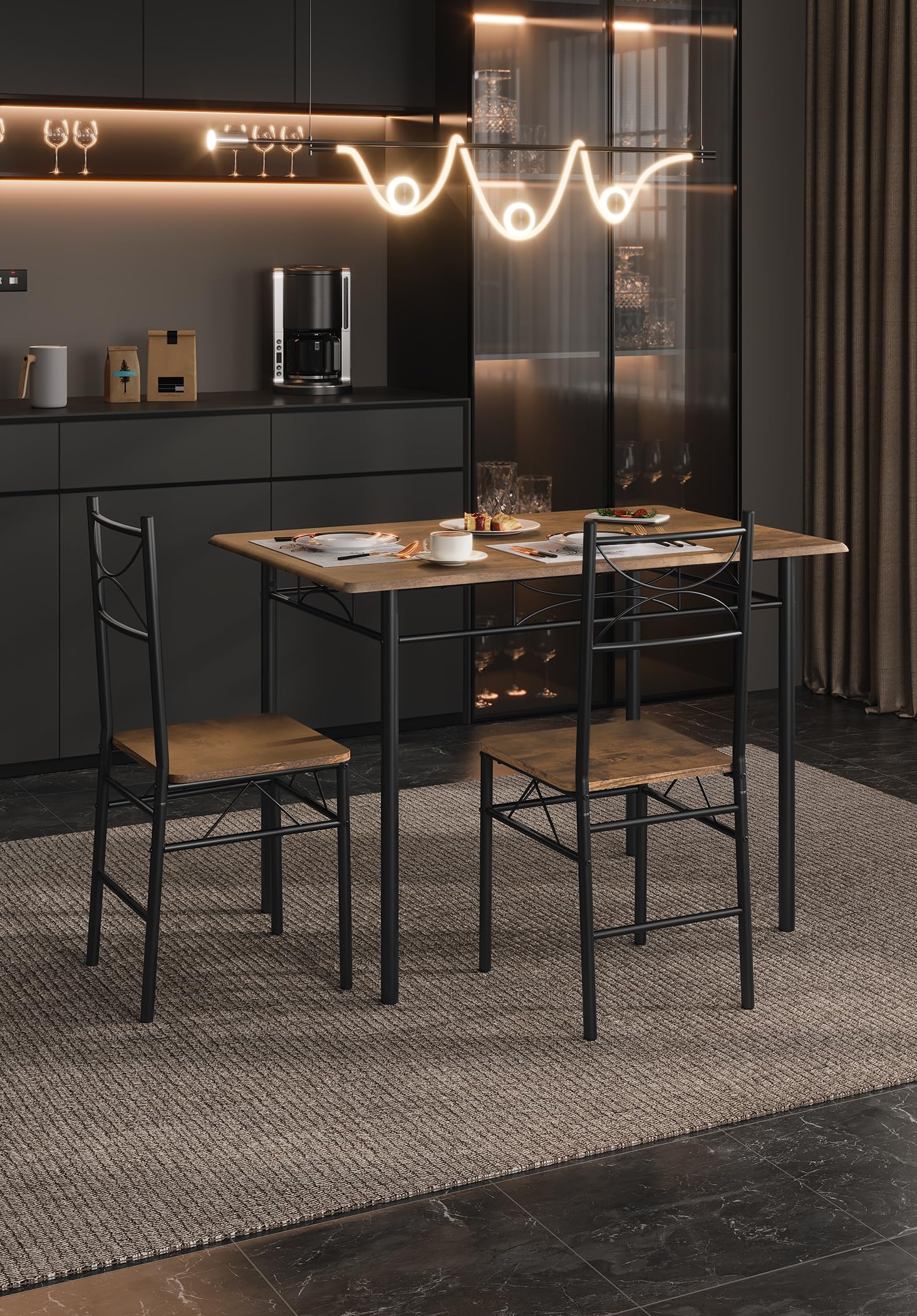WOLTU Table à Manger avec 4 Chaises, Table de Cuisine pour 4 Personnes, MDF Métal Marron Rustique Noir
