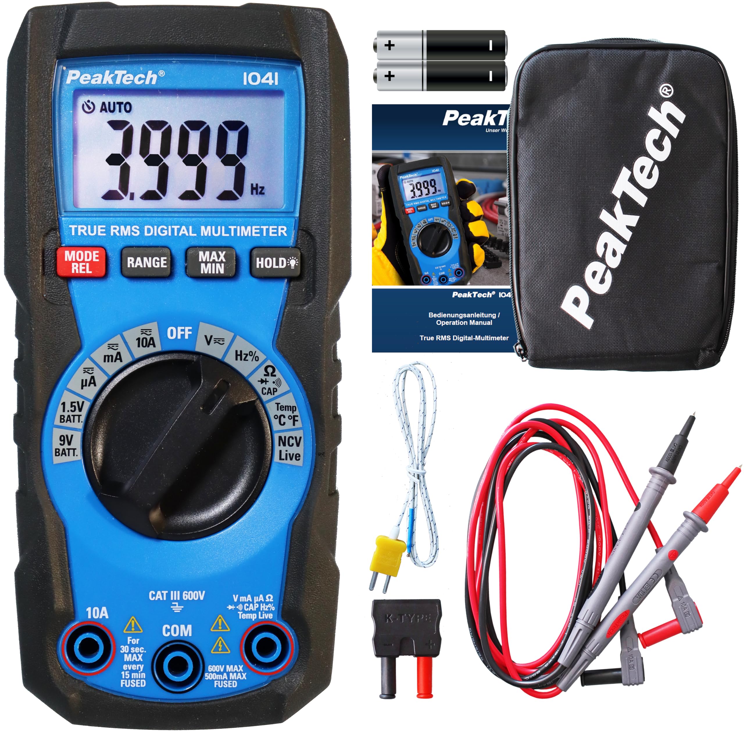 PeakTechP 1041 1041-TRMS Digital Multimeter 4,000 Counts, Auto Range, Voltage, Current, Resistance, Capacitance and Continuity Tester, 600V-CAT III, Black