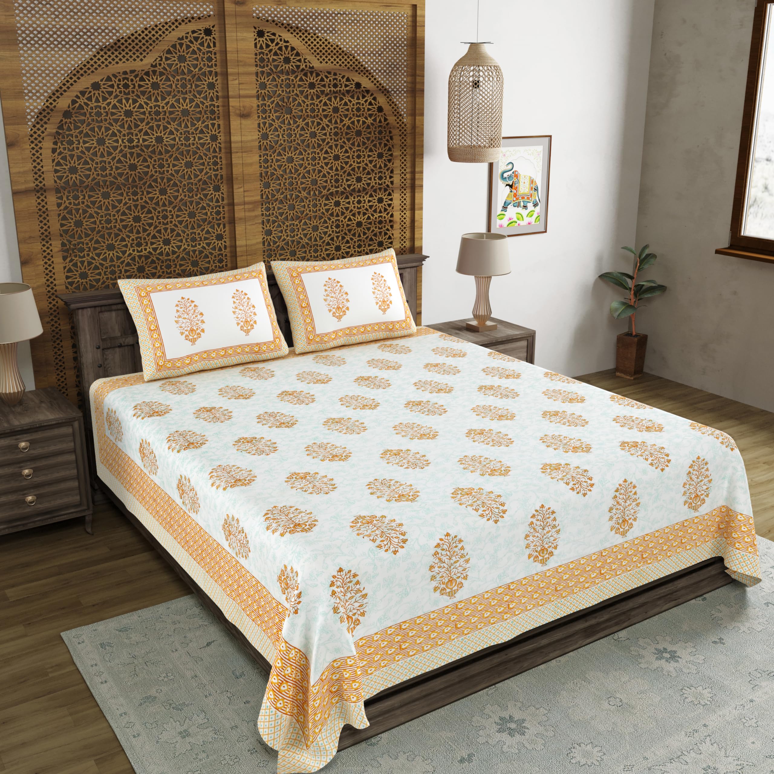 BLOCKS OF INDIA Hand Block Printed 200 TC Cotton King Size Bedsheet (Brown Pot) 1