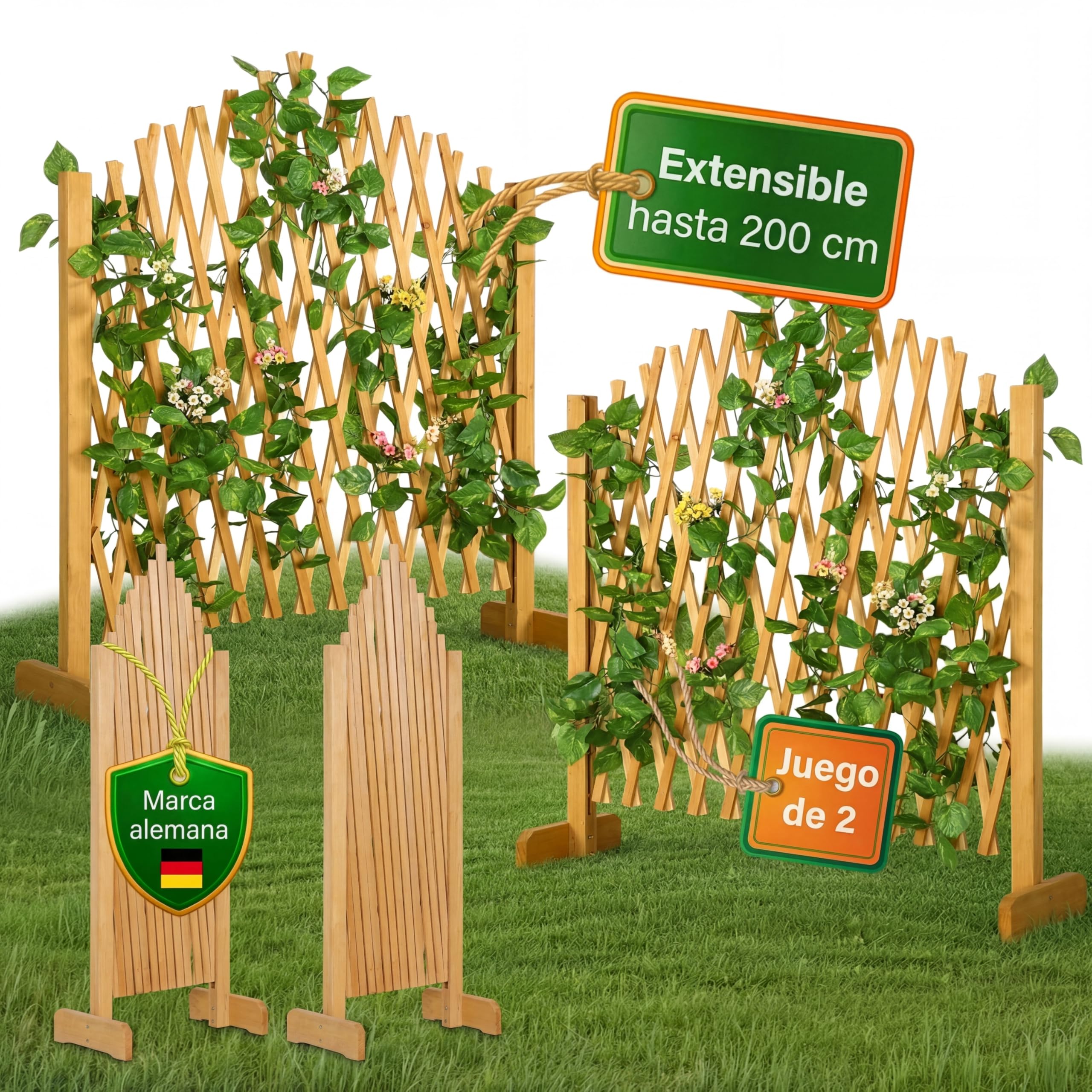 GARDEBRUK® Celosía Extensible 2 uds. Madera hasta 200cm Plantas Trepadoras Enrejado Jardín Valla Separador Terraza