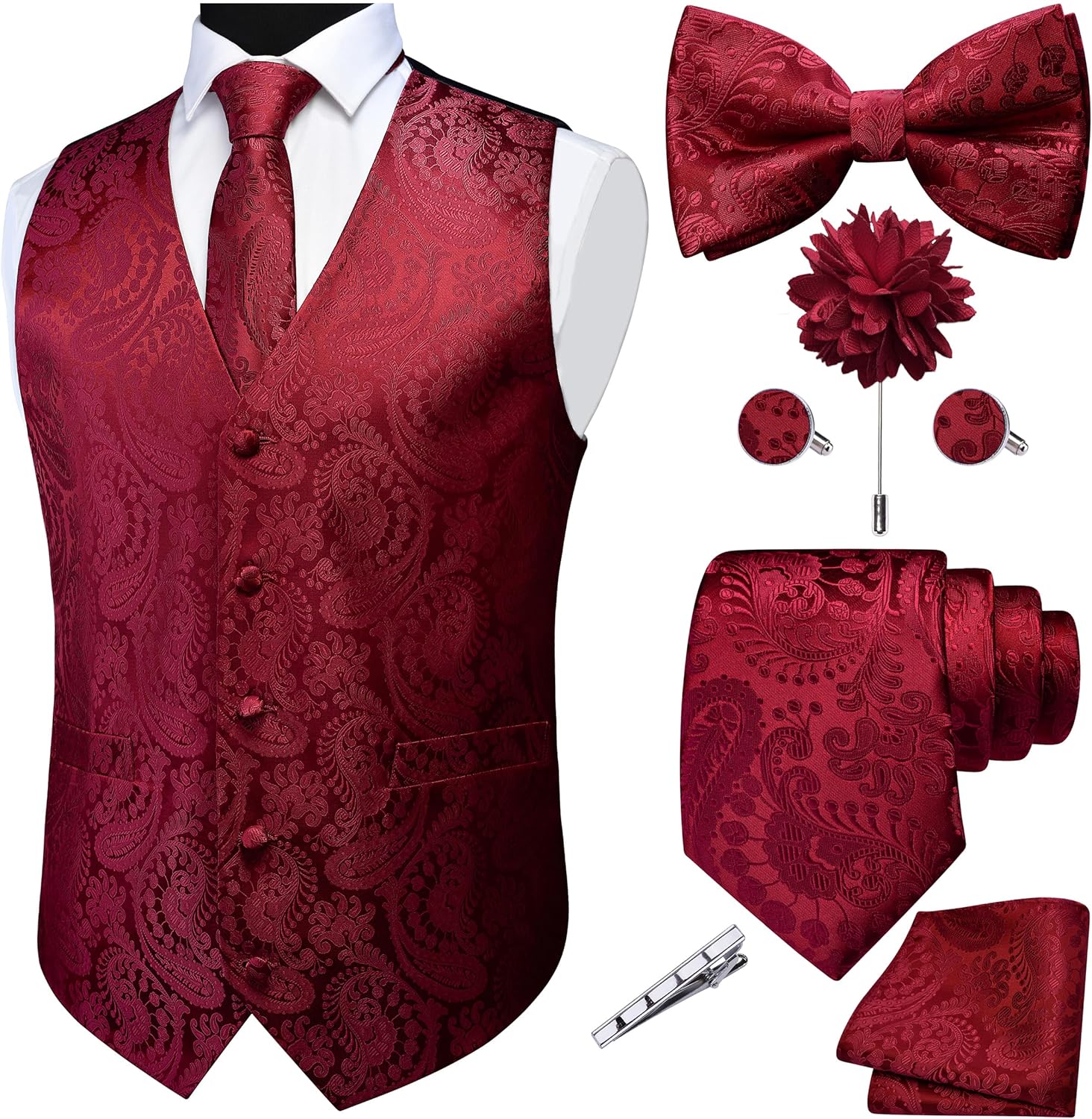 GUSLESON Fashion Paisley Vest for Men Jacquard Tie Waistcoat Bow tie Hanky Lapel Pin Cufflinks Set Wedding 7PCS