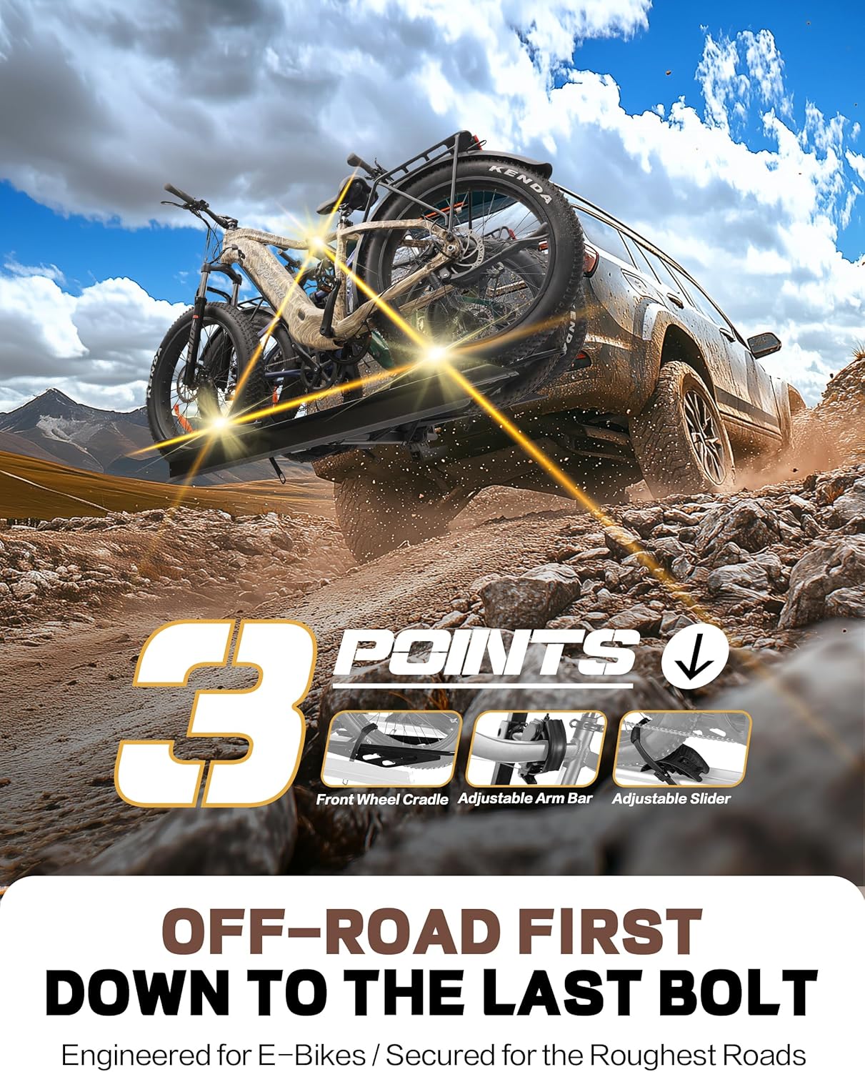 POLESTAR 250LBS. Capacity Foldable Aluminum 3-Ebike Rack with Ramp for Car SUV RV Truck Trailer and Van, Fits up to 5" Fat Tire Width and 50" Wheelbase, Ebike Carrier Rack for 2" Receiver