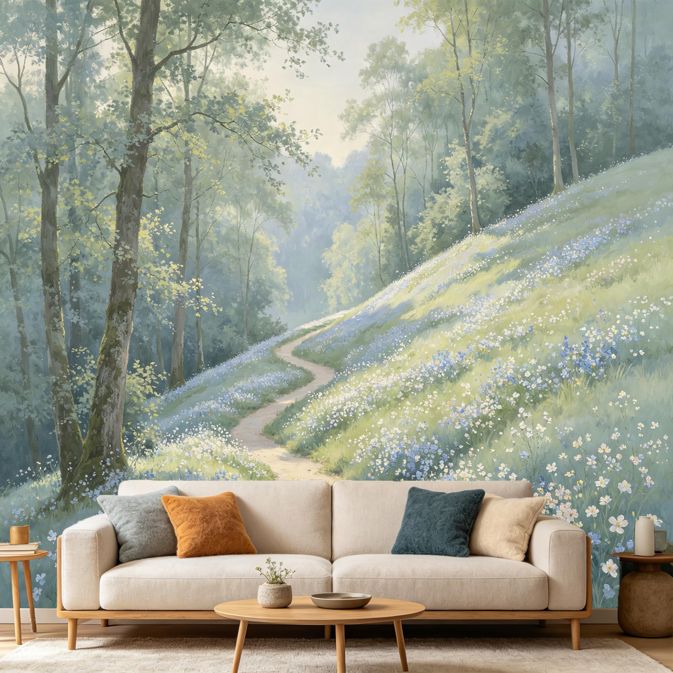 Custom Size Wall Mural Forest Landscape Watercolor Wildflowers Pathway SelfAdhesive Art Prints wall Fabric（No PVC） Removable Wallpaper Home Bedroom Decor