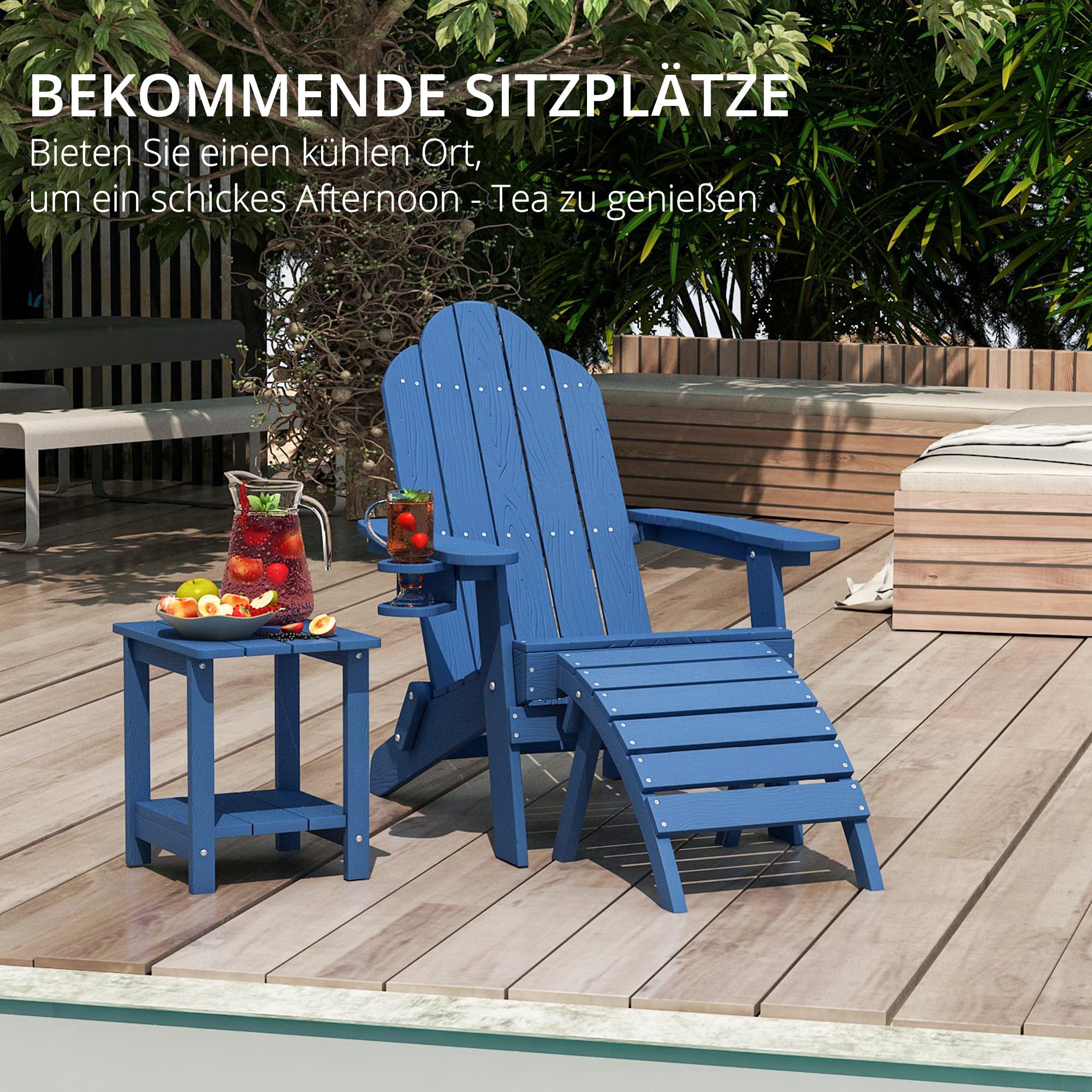 LUE BONA Adirondack Stuhl Klappbar aus Wetterfestem HDPS - 17.1 kg Schwerer Gartenstuhl mit Holzmaserung für Garten, Blau