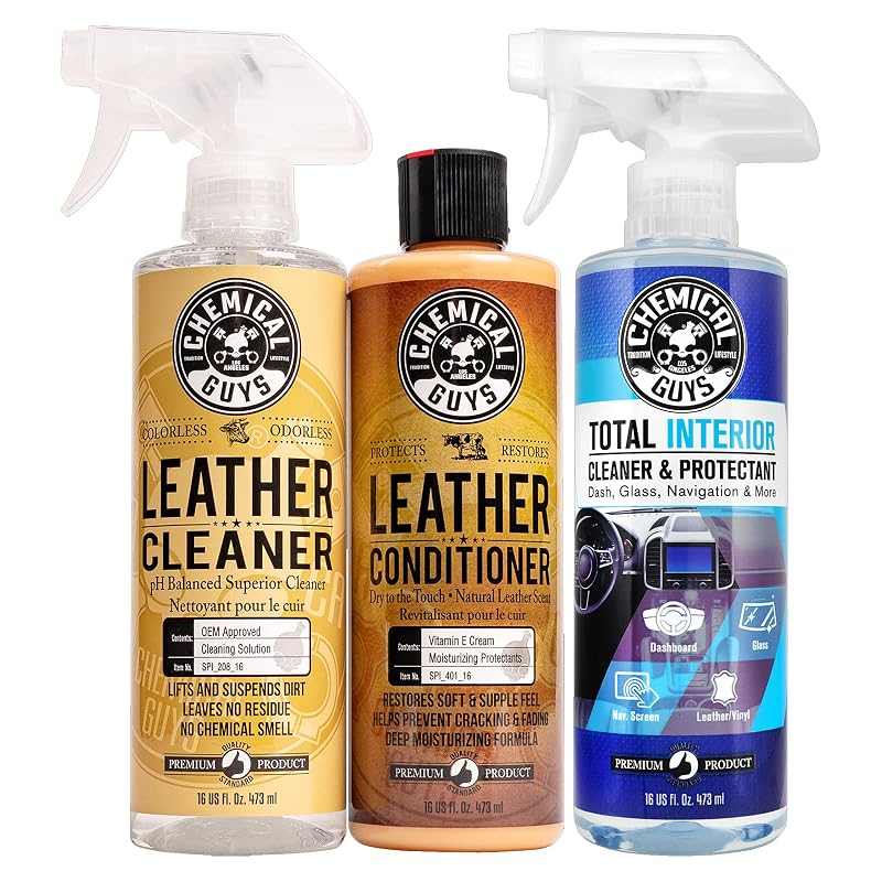 Kit de Cuidados para Couro Chemical Guys com Limpador, Condicionador e Limpador de Interior Total – 3 itens de 473 mL