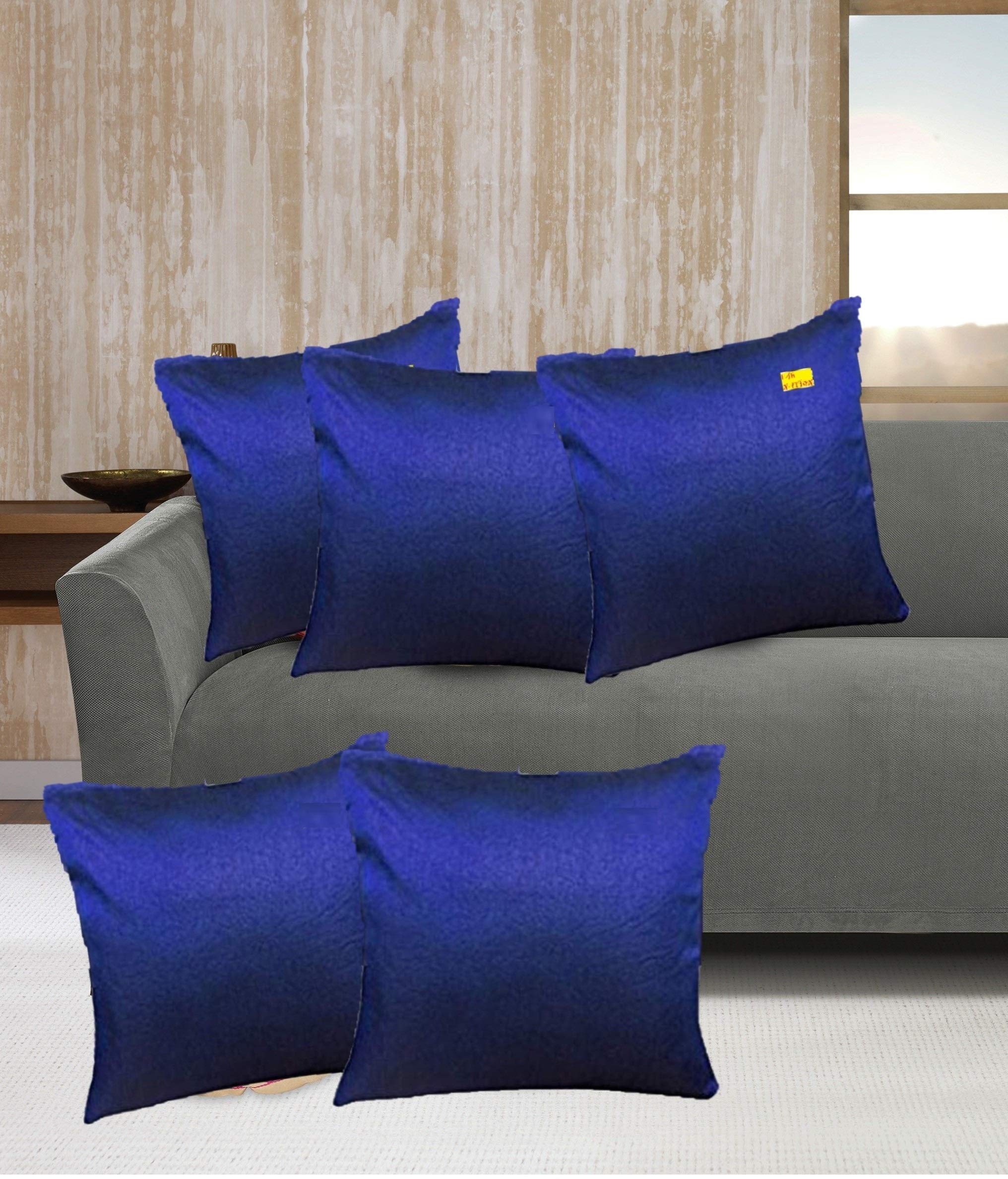 Fab Nation Dupion Silk Fabric Festive Cushion Covers 16x16 Inches, Set of 5 Cushion Cover Embroidered Silk Cushions for Living Room Sofa Chair, Throw Pillow Cover | Royal Blue
