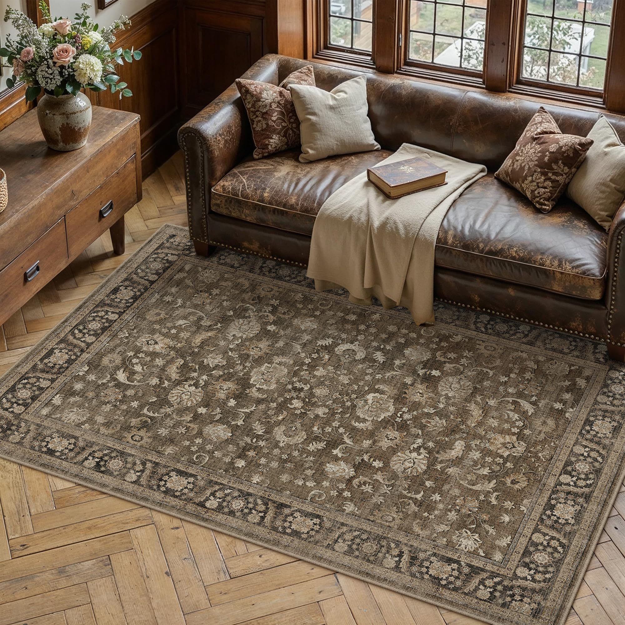 PureCozy Brown Small Area Rug 4x6 Vintage Floral Distressed