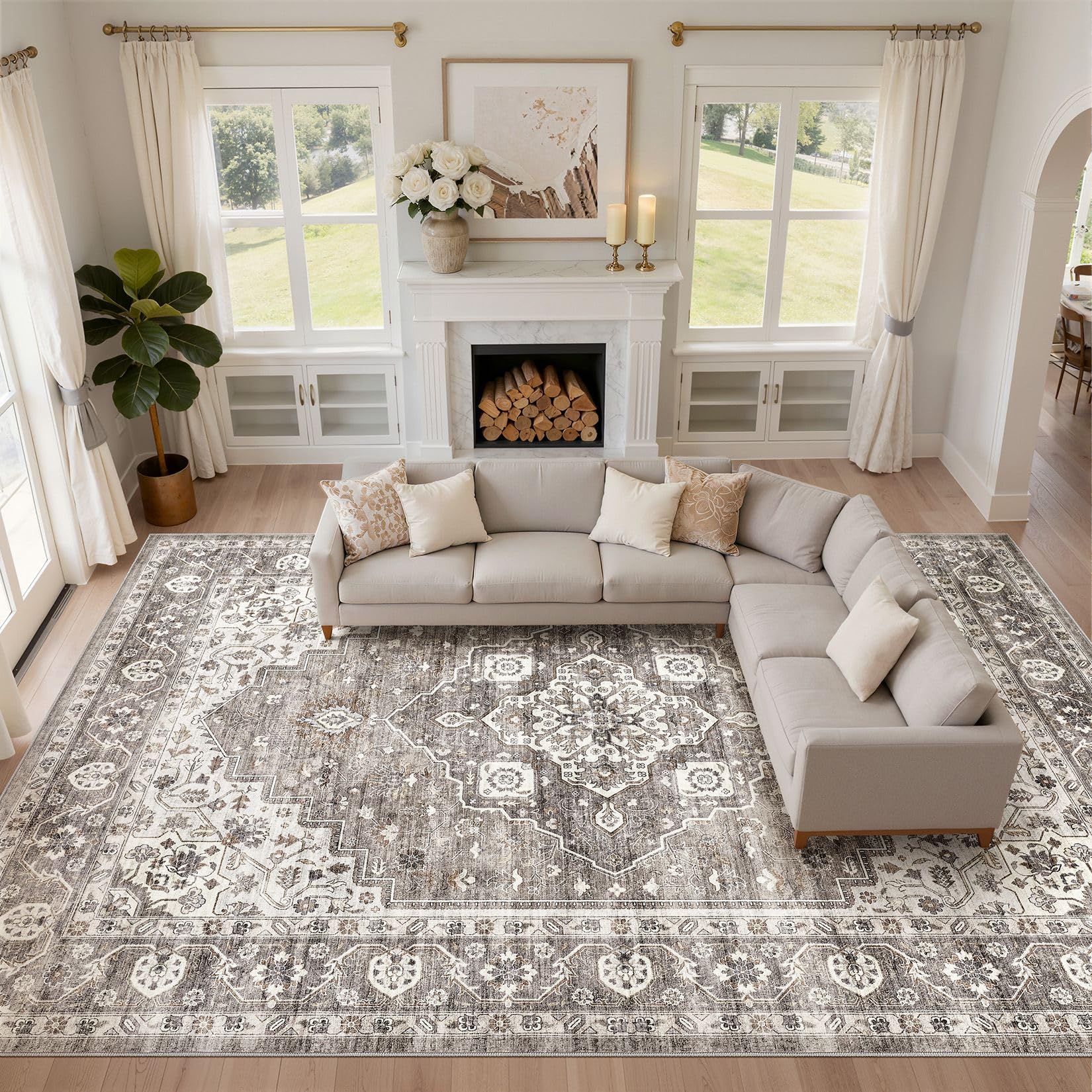 LOONGRUG 10x14 Area Rugs Washable Vintage Boho Living Room Rug Dark Brown