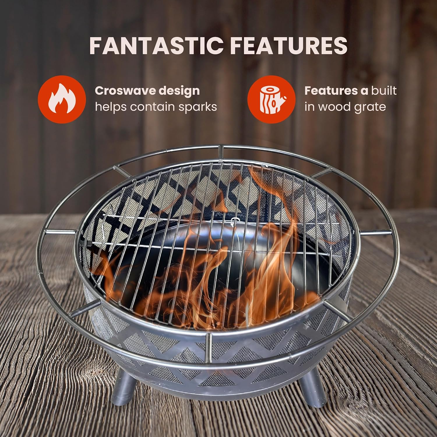 AK TRADING CO. Crossweave 30" Wood Burning Fire Pit with Spark Screen, Poker, Mesh Cover, Stainless Steel Grate - Black