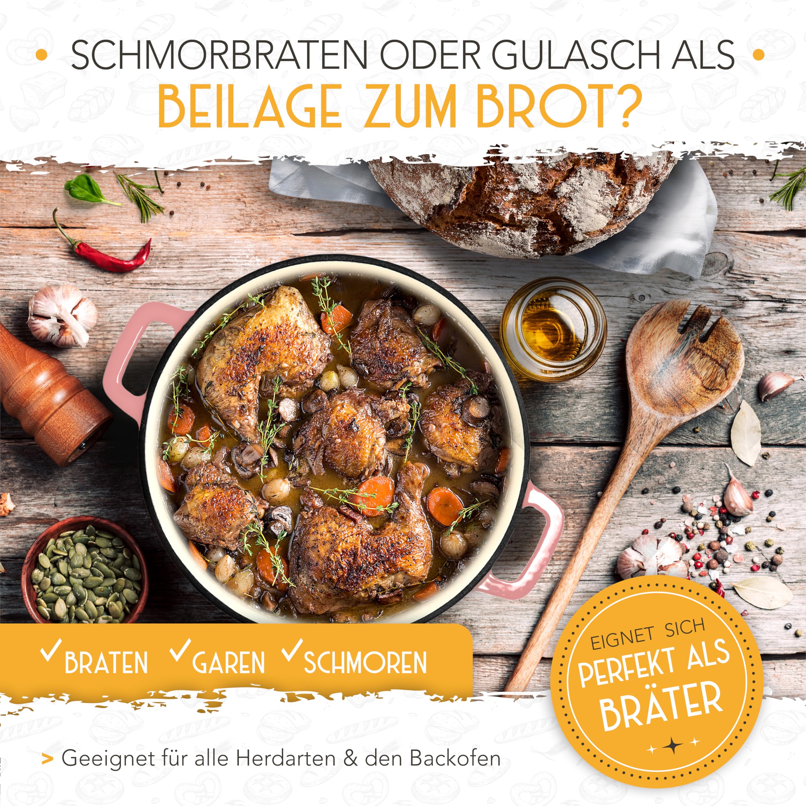 KRUSTENZAUBER Casserole en fonte émaillée avec panier de fermentation – Casserole en émail de 26 cm avec accessoires – Idéal comme casserole à pain, moule à pain avec couvercle, marmite en fonte