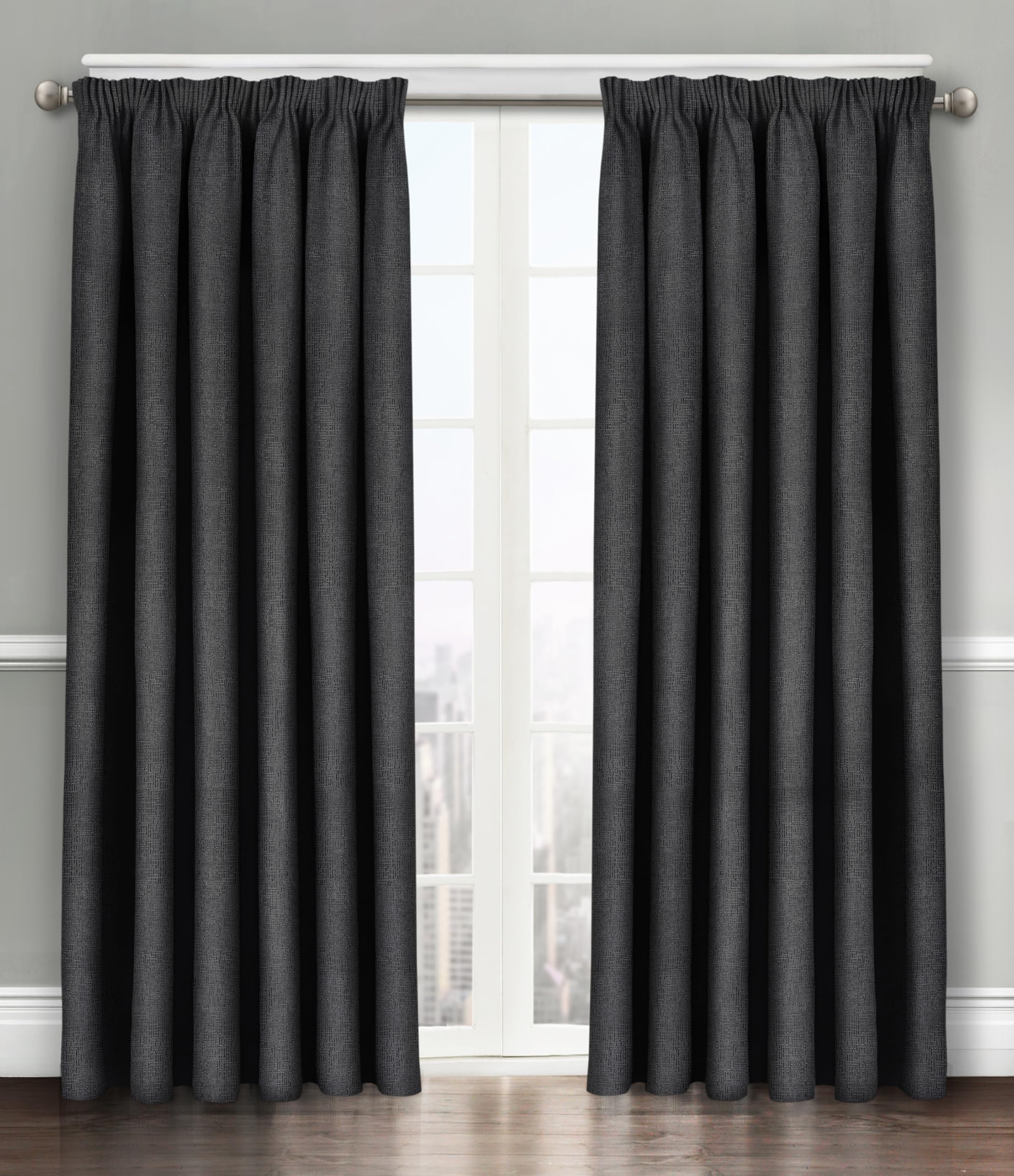 Velosso Solid Thermal Blockout Window Treatment Triple Weaved Curtain Panels Dimout Pencil Pleated Curtain Pair (Black, 46" Wide x 54" Drop)