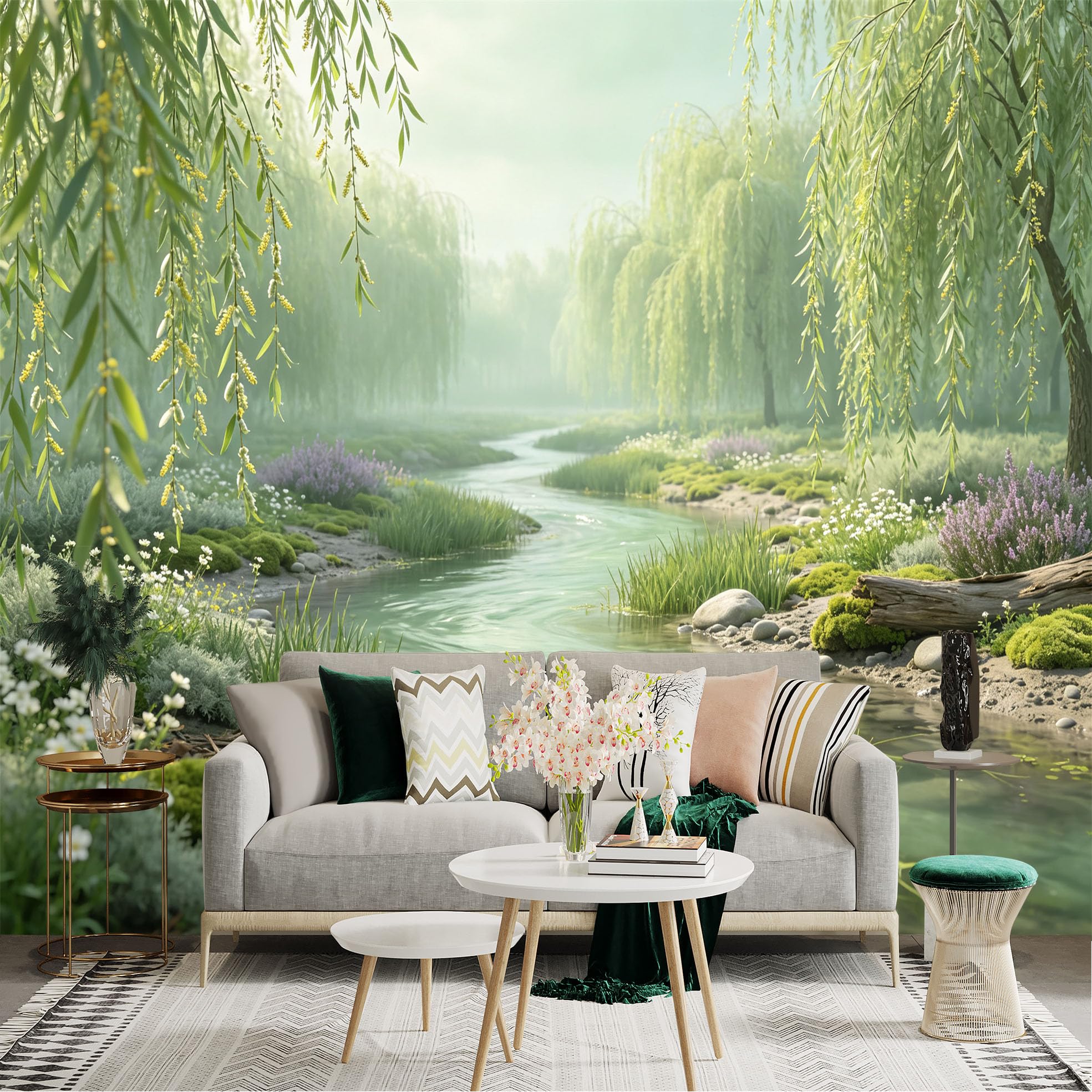 Lnzczhyre Bh260719257 Custom Size Wall Sticker Mural， Serene Riverbank With Weeping Willow Trees， Lush Nature Landscape， Peaceful Stream Scene， For Wall Decoration， Peelandstick Wall Decals.
