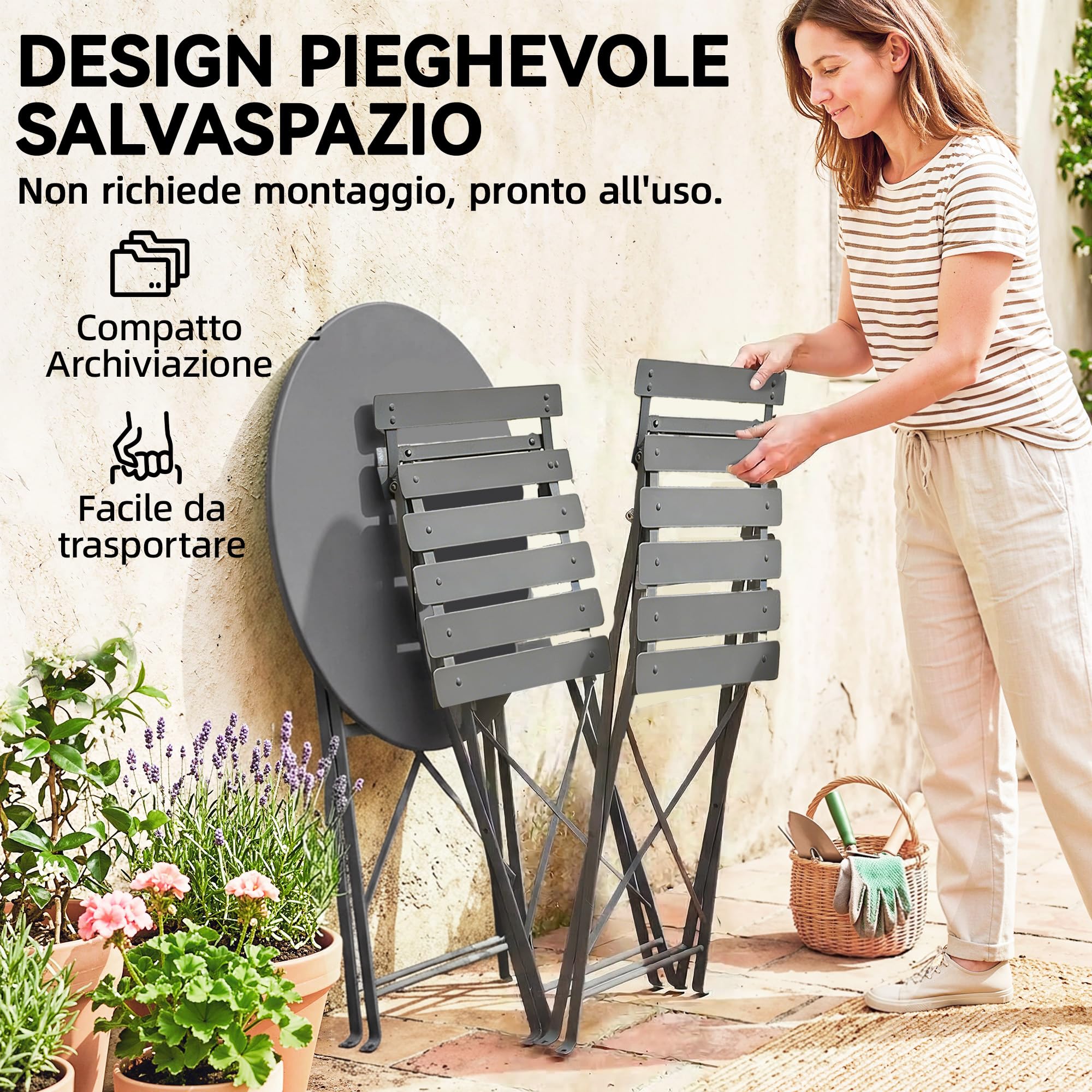 Outsunny Set da Bistrò da 3 Pezzi Pieghevole, Set da Giardino con 2 Sedie, Tavolo, Set di Mobili da Giardino in Metallo, per Patio Balcone, Nero