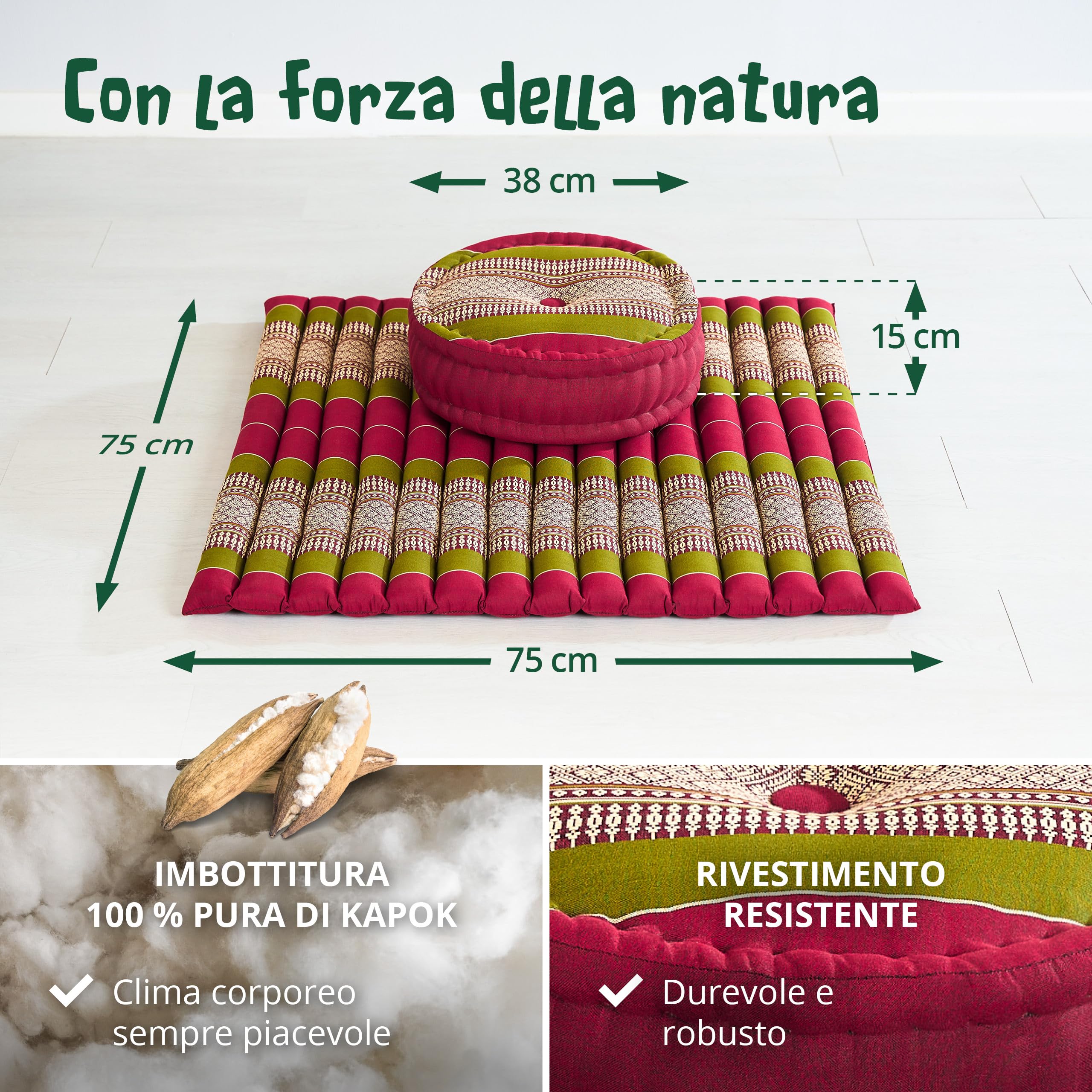 livasia Set Meditazione XL - Ø 38x15cm/tappetino 75x75x4,5cm - Set Yoga Cuscino e Tappetino, Pouf, Tappetino e Cuscino Yoga Fatti a Mano con kapok, Cuscino Pavimento, Cuscino zafu (Rosso/Verde)