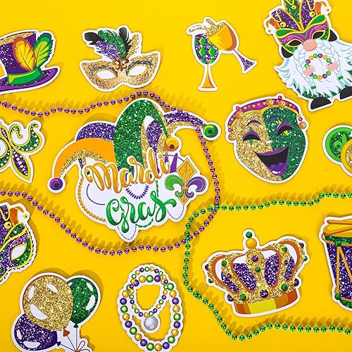 Miniatura 5 de Whaline 15 unidades de imanes de Mardi Gras para refrigerador, corona con purpurina, máscara de payaso, calcomanías magnéticas para nevera,