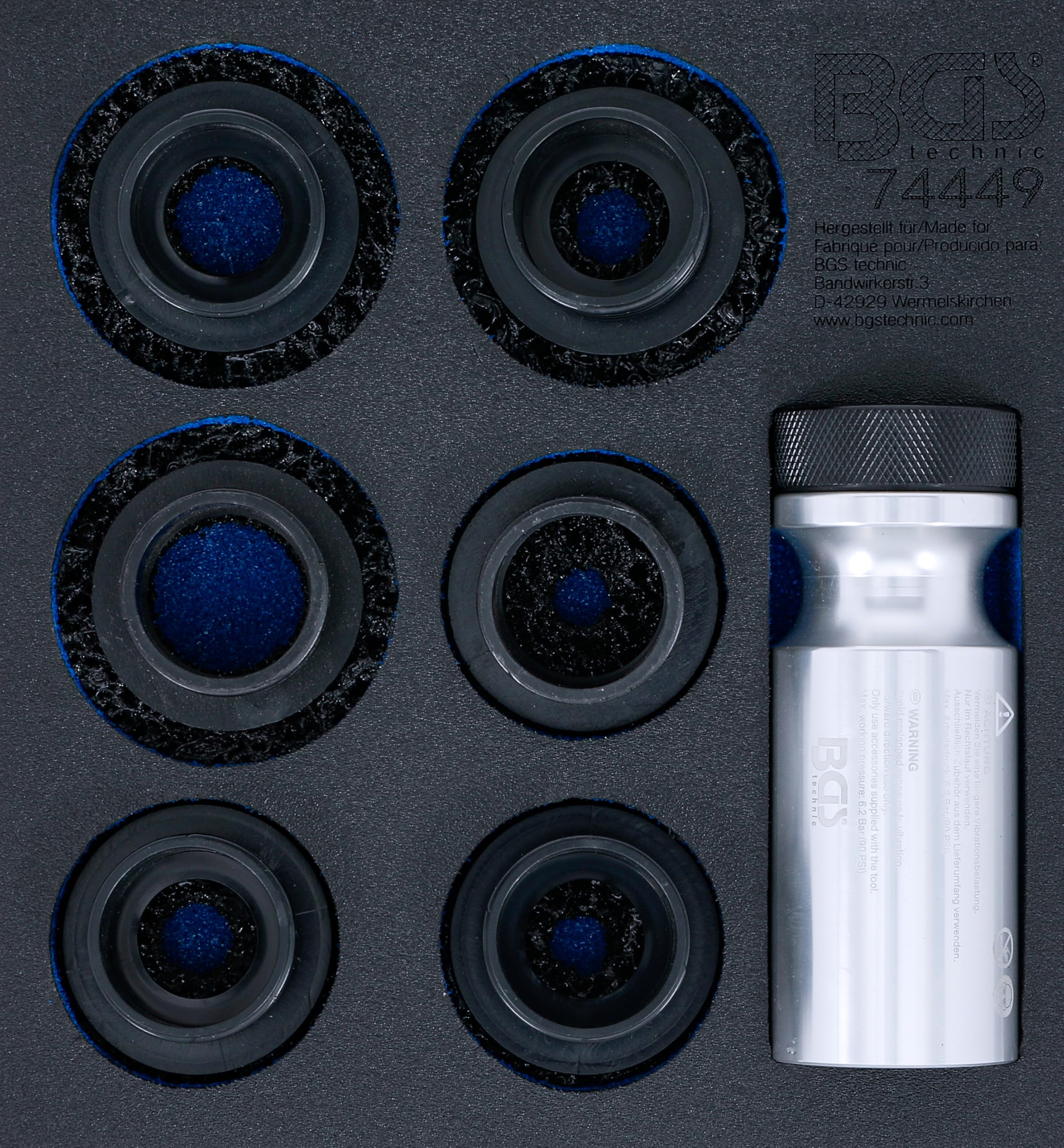 BGS 74449 | Modulo per carrelli portautensili 1/6: kit smerigliatrice mozzo ruota | per prigionieri e bulloni ruota | 7 pz.