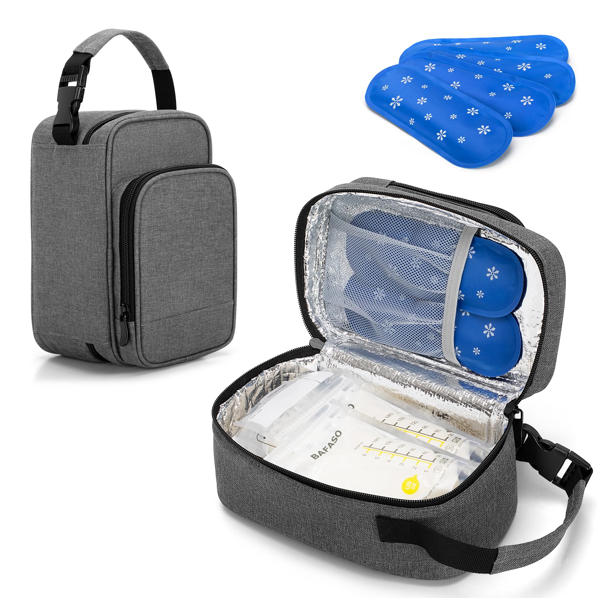 BAFASO Insulated Breastmilk Cooler Bag with 4 Gel Ice Packs, Breastmilk Cooler Fits 6 Bags of Breastmilk, Gray