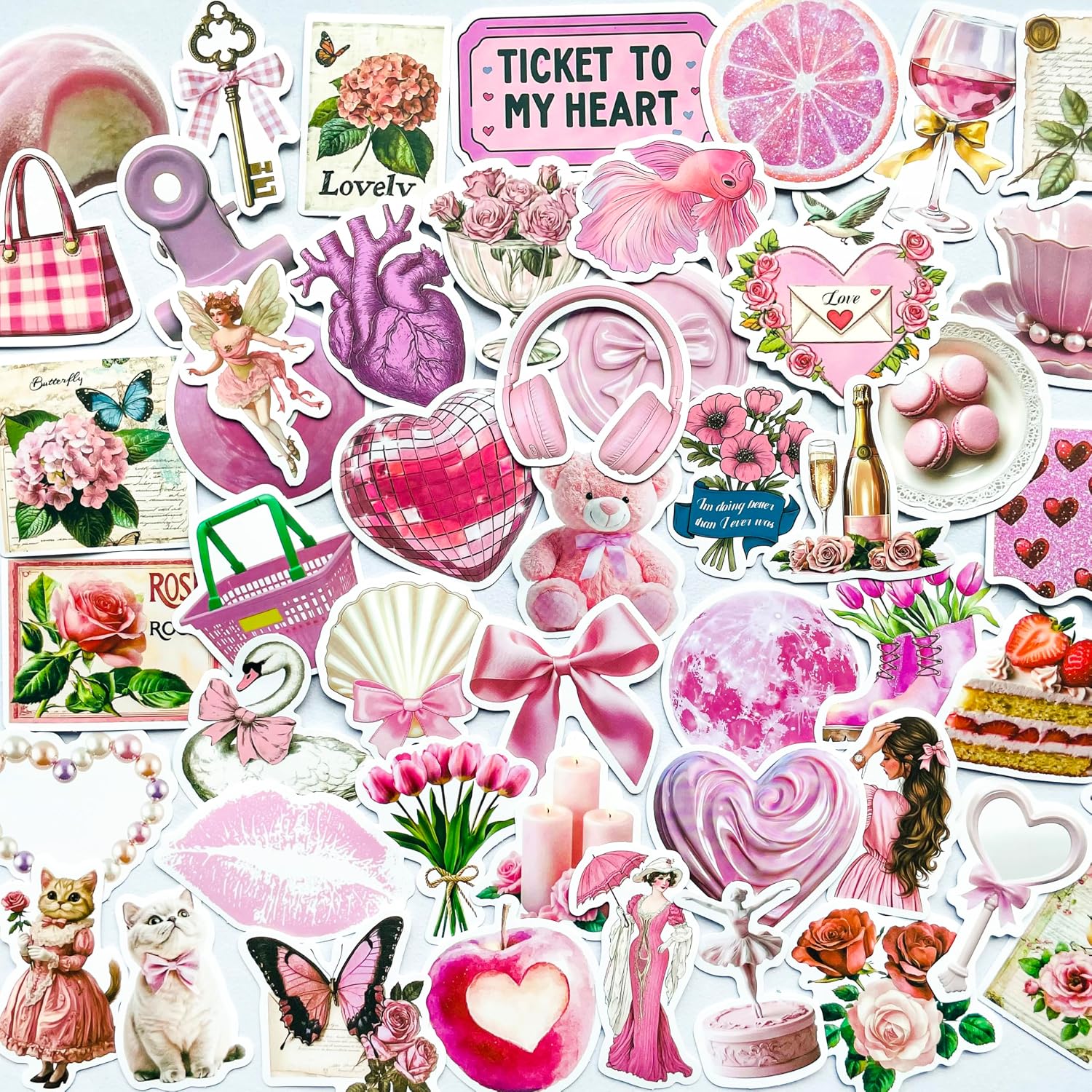 YOKSAS 50PCS Pink Aesthetic Stickers – Vintage Preppy Girl Vinyl Decals for Scrapbook, Journaling, Laptop, Art Crafts, Gift Decoration