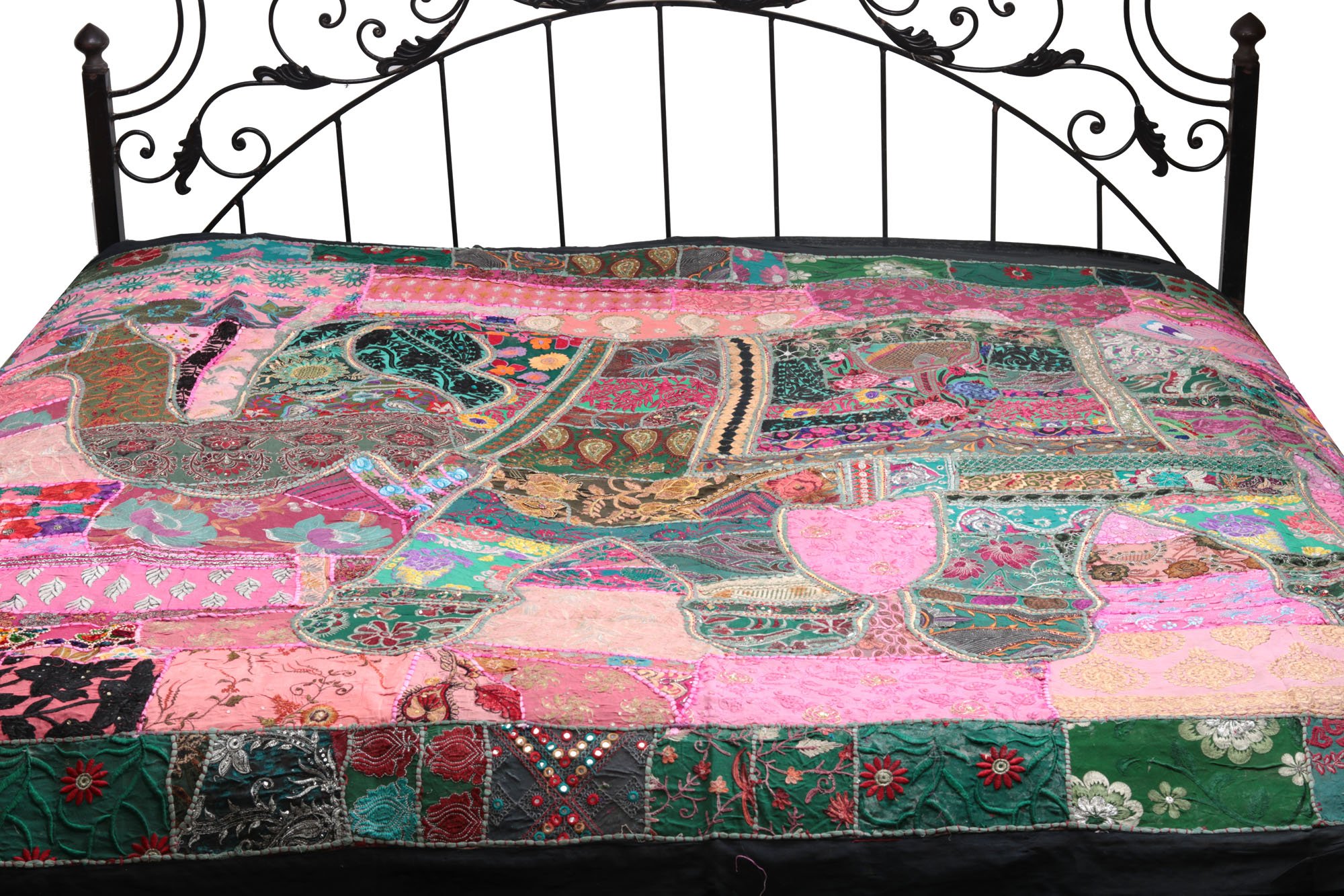 Exotic India Gujarati Bedcover with Applique Elephant and All-Over Embroidery with Sequins Work - Pu-image-2