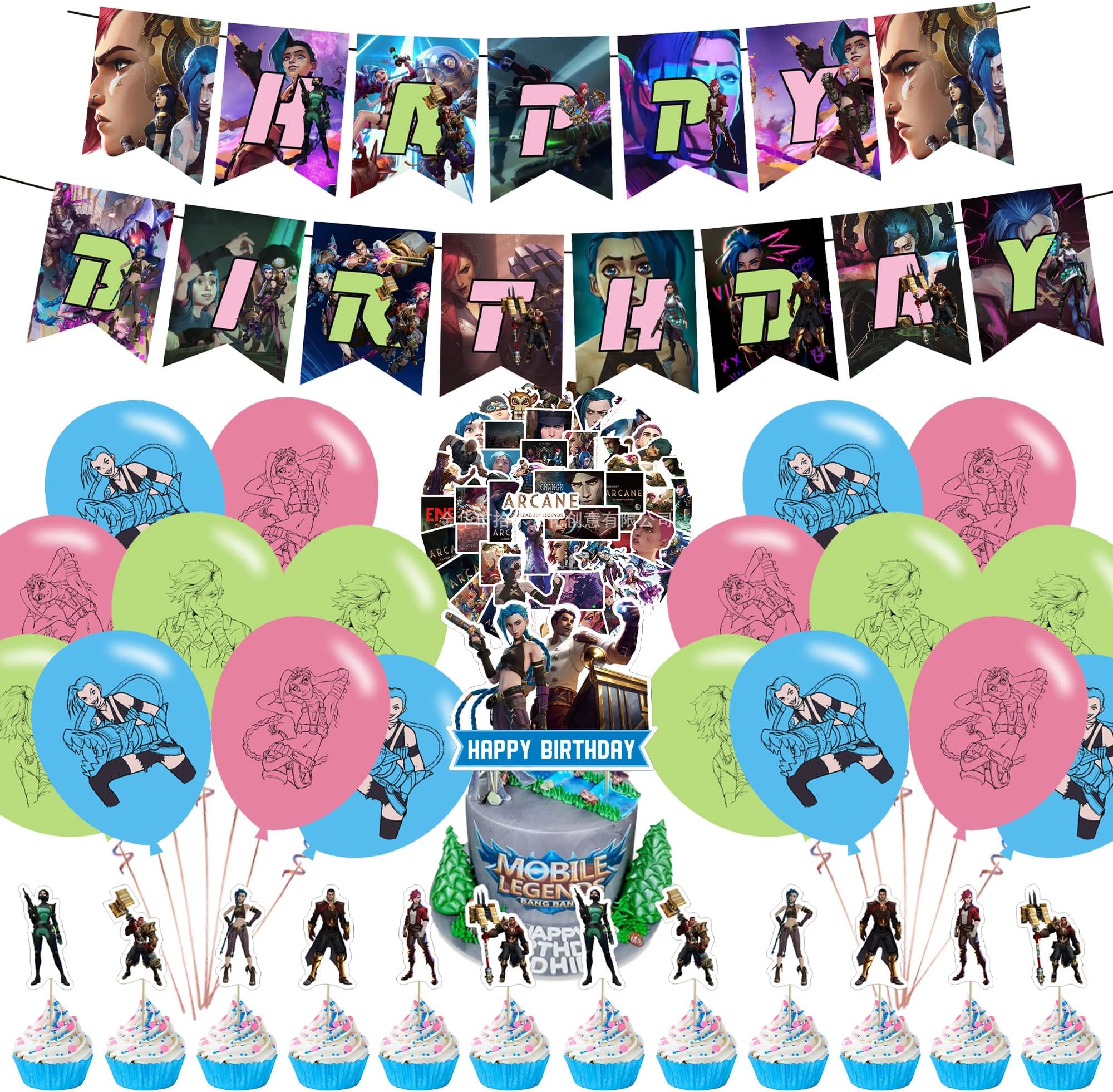 82 Pcs Arcane Theme Birthday Party Decorations,Party Supply Set for Kids with 1 Happy Birthday Banner Garland , 13 Cupcake Toppers,50 Stickers ,18 Balloons for Party Decorations