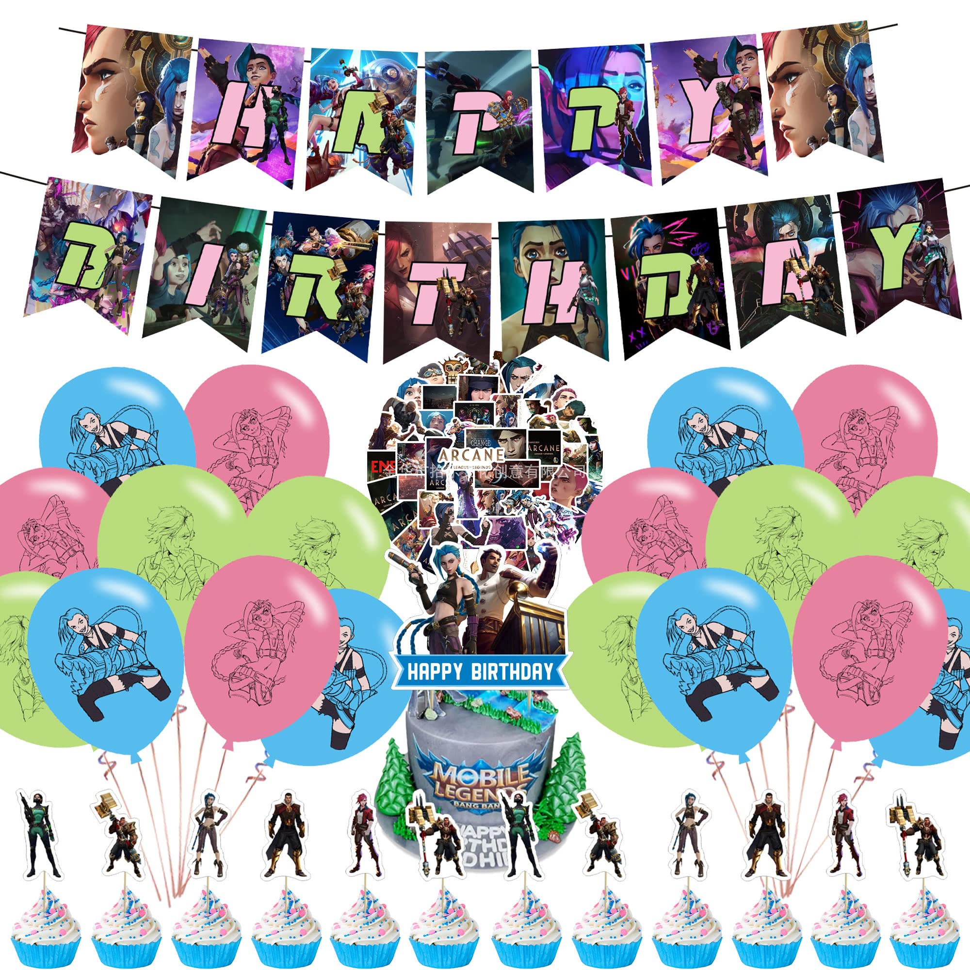 82 Pcs Arcane Theme Birthday Party Decorations,Party Supply Set for Kids with 1 Happy Birthday Banner Garland , 13 Cupcake Toppers,50 Stickers ,18 Balloons for Party Decorations