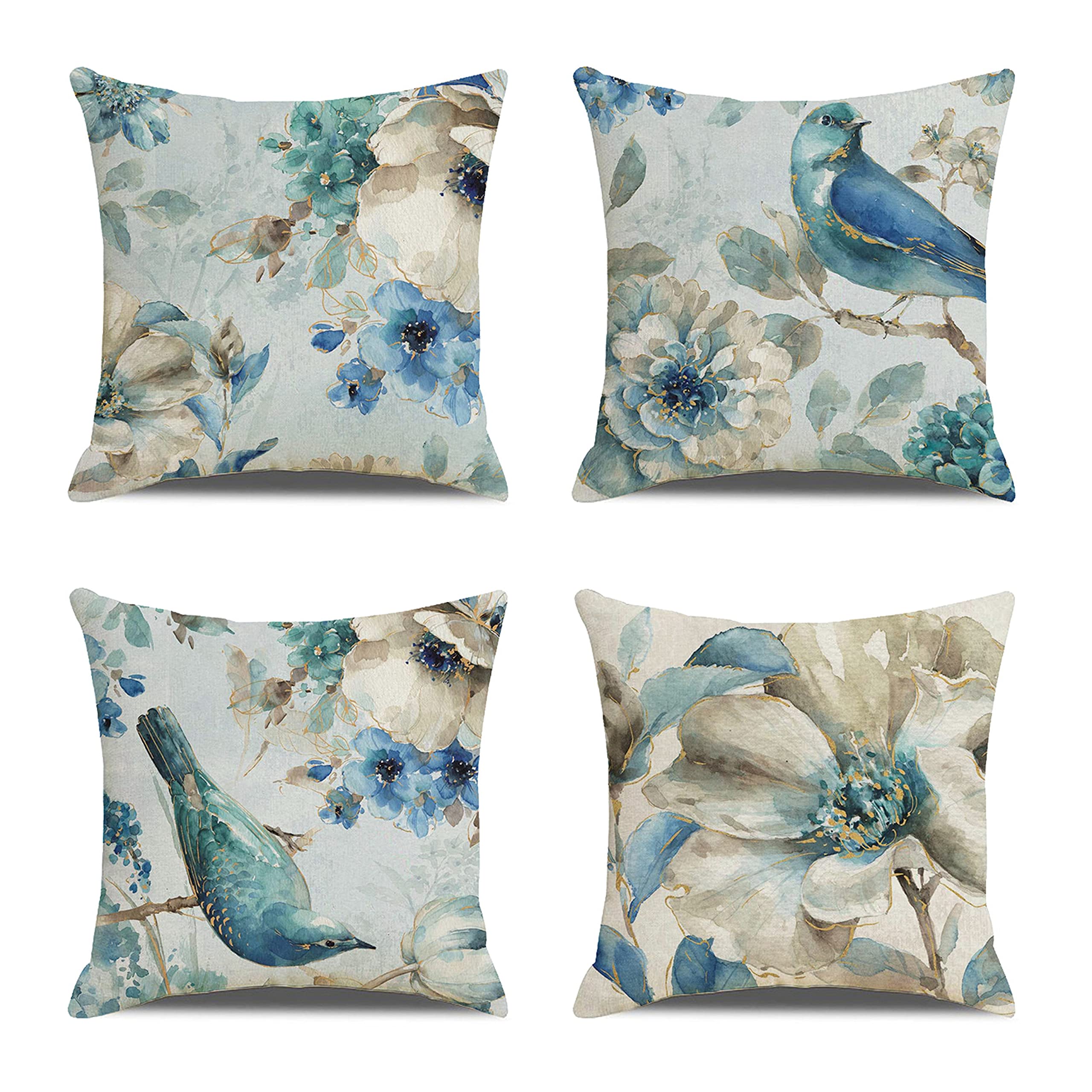 Scvbljs Birds Cushion Blue Flower Bird Linen Cushion Covers Set Of 4 Pillowcase Throw Pillow Covers Sofa Couch Decor Pillow Covers 45 X 45 Cm