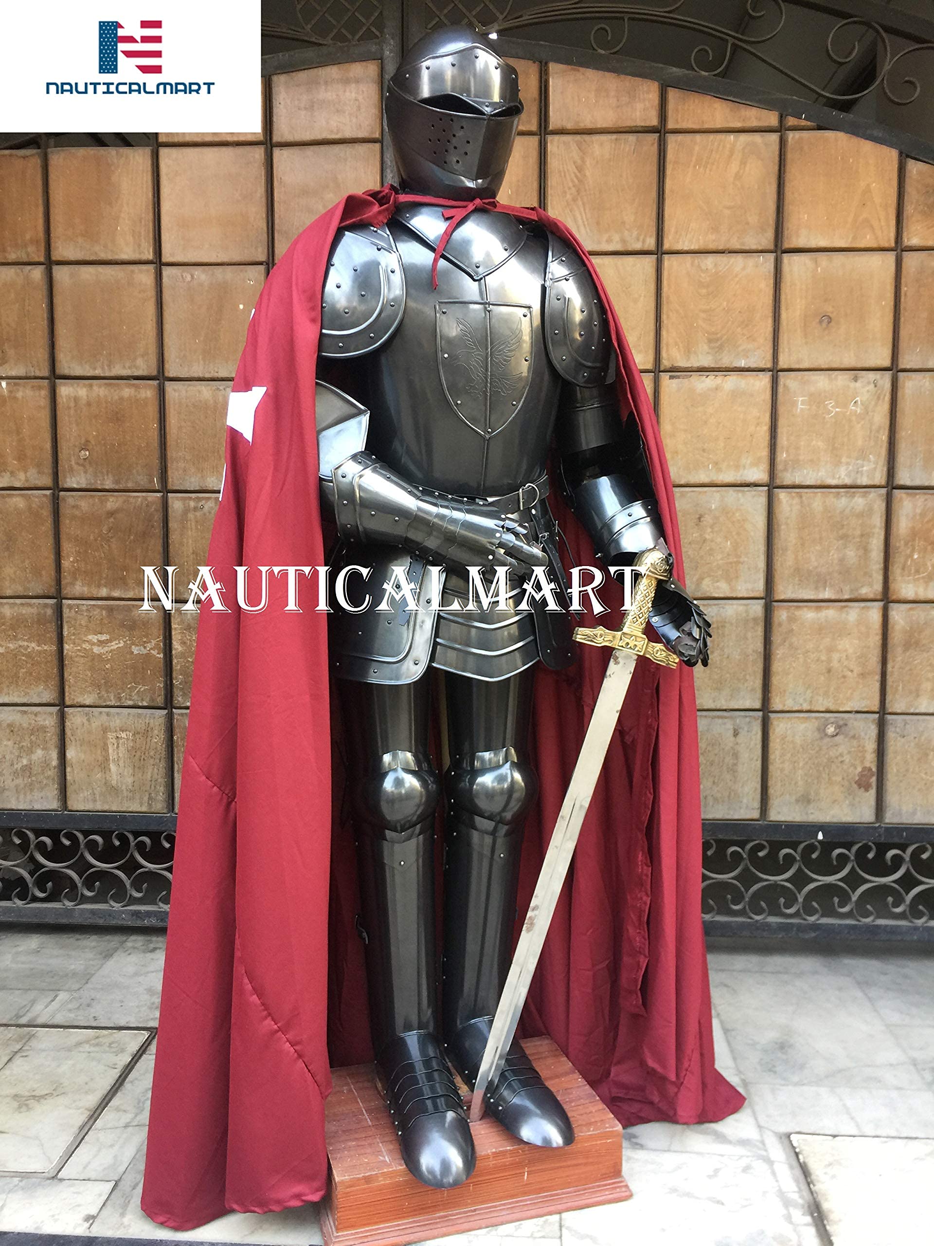 Black Knight Medieval Suit of Armor with Cloak & Armor Stand Halloween Costume
