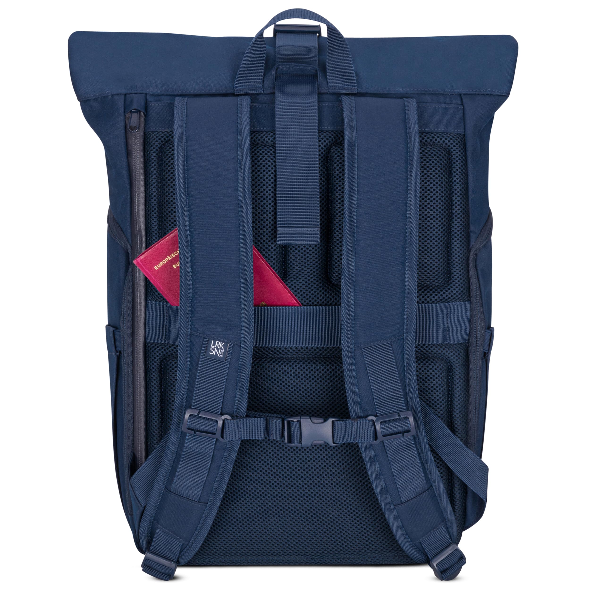 LARKSON Plecak damski i męski – No 4 Large – Rolltop Backpack 21 l z kieszenią na laptopa o przekątnej ekranu 16", do pracy i na rowerze – duży plecak podróżny z paskiem na kółkach, granatowy, jeden