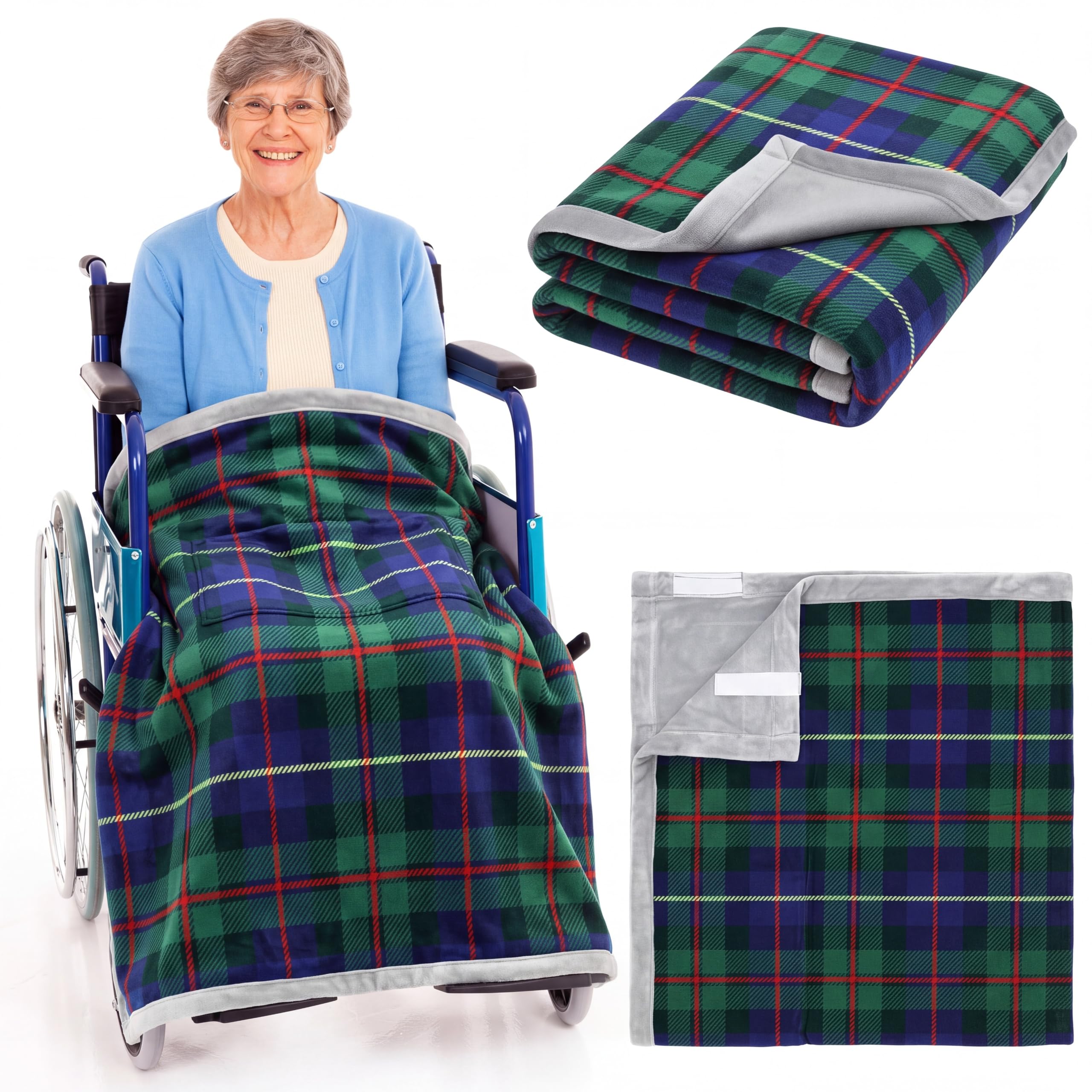 Newwiee Christmas Wheelchair Blanket with Pouch, Green and Blue, Grid