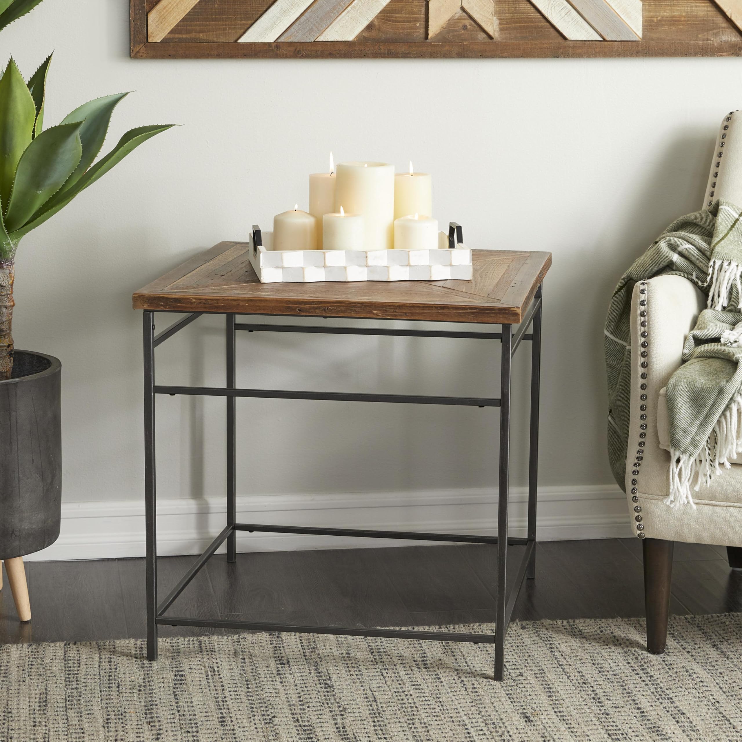 Bohemian Side Table – Metal Pedestal With Wood Top | Black & Brown Accent Table For Living Room - View #4