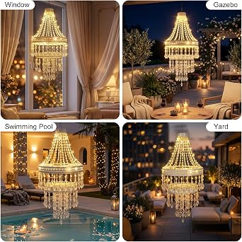 Solar Crystal Chandelier Outdoor - 30 Warm LEDs Waterproof Hanging Lights with Lithium Battery, Acrylic Garden Decor for Gazebo, Wedding, Party, Tree | Perfect Gift for Mom