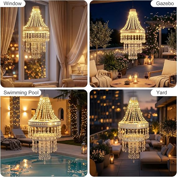 Solar Crystal Chandelier Outdoor - 30 Warm LEDs Waterproof Hanging Lights with Lithium Battery, Acrylic Garden Decor for Gazebo, Wedding, Party, Tree | Perfect Gift for Mom