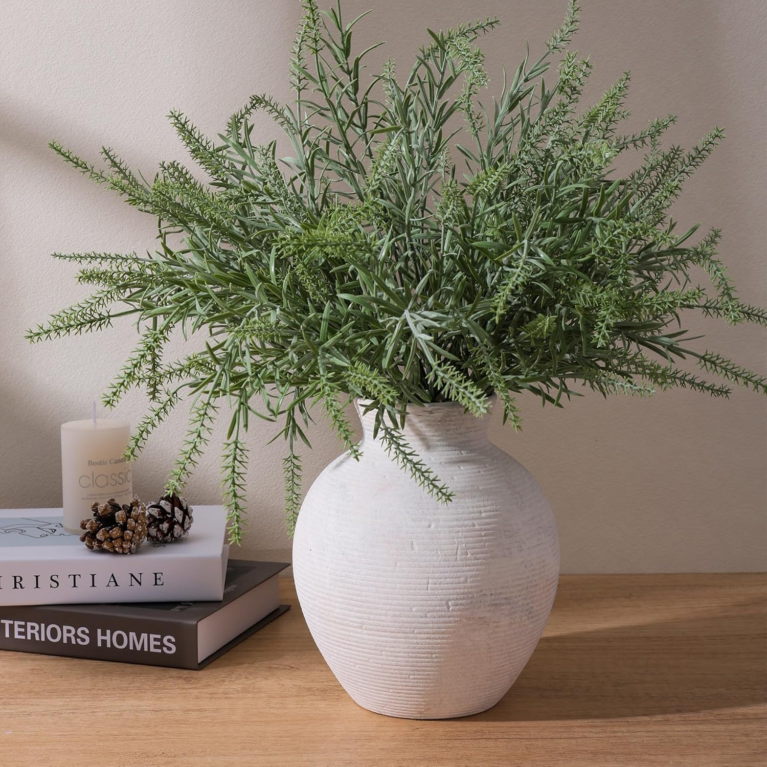 Ceramic Flower Vase Home Decor, 7.4 in Farmhouse Table Vases Rustic Vintage Living Room Kitchen Bedroom Decoration Pottery Decorative Vases for Flowers House Shelf Office Desk Dining Entryway, White