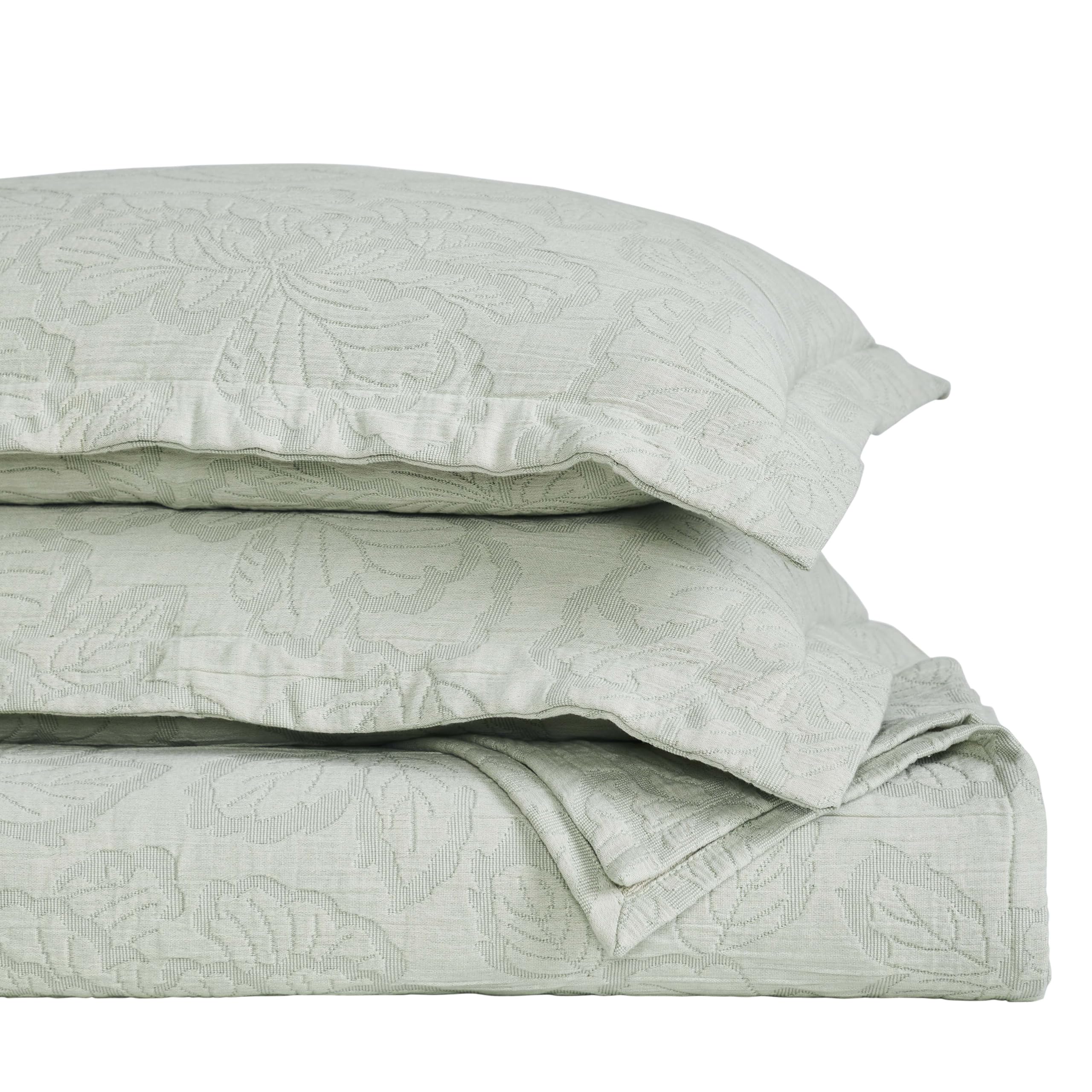SUPERIOR 3 Piece Cotton Bedspread Set, Home Bed Decor, Decorative Bed Spread, 2 Pillow Shams, Medium Weight Blanket, Matelasse Coverlet, Bedding Essentials, Hibiscus Collection, Full, Sage